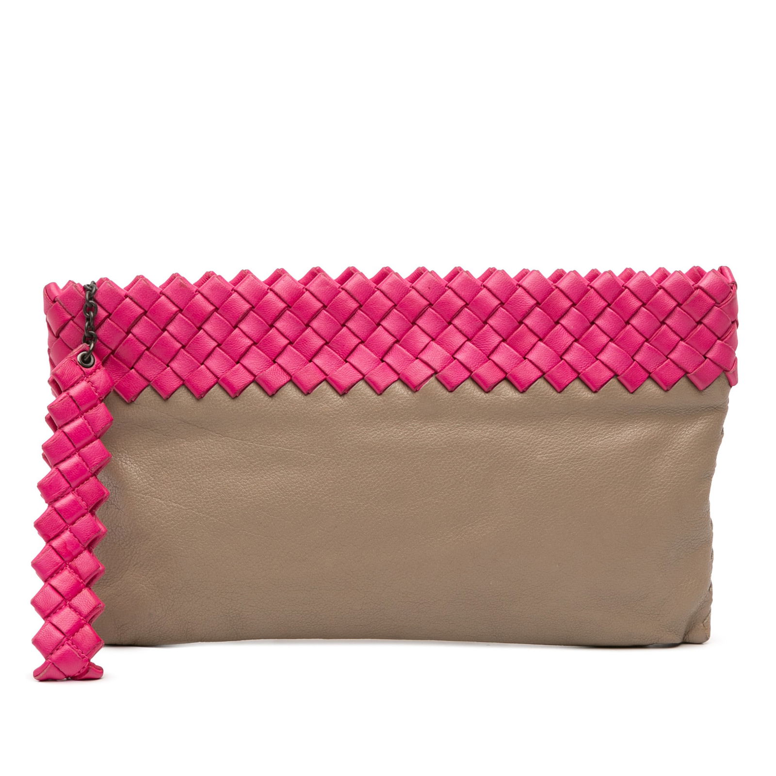 Bottega Veneta Bicolor Nappa Leather Intrecciato Clutch from Italy: Bottega Veneta Bicolor Nappa Leather Intrecciato Clutch from Italy Introducing the Bottega Veneta Intrecciato Trimmed Bicolor Nappa Clutch, a sophisticated accessory crafted from high-quality nappa le