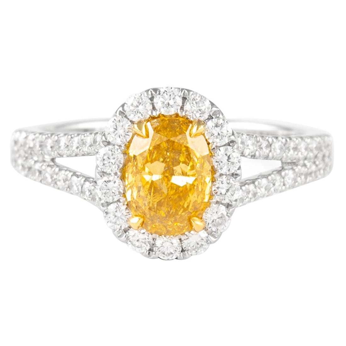 1.03ct Fancy Deep Orangey Yellow Diamond Halo Ring GIA Certified: 1.03ct Fancy Deep Orangey Yellow Diamond Halo Ring GIA Certified This exquisite ring showcases a GIA certified 1.03 carat Fancy Deep Orangey Yellow diamond, elegantly set in a contemporary two-tone de