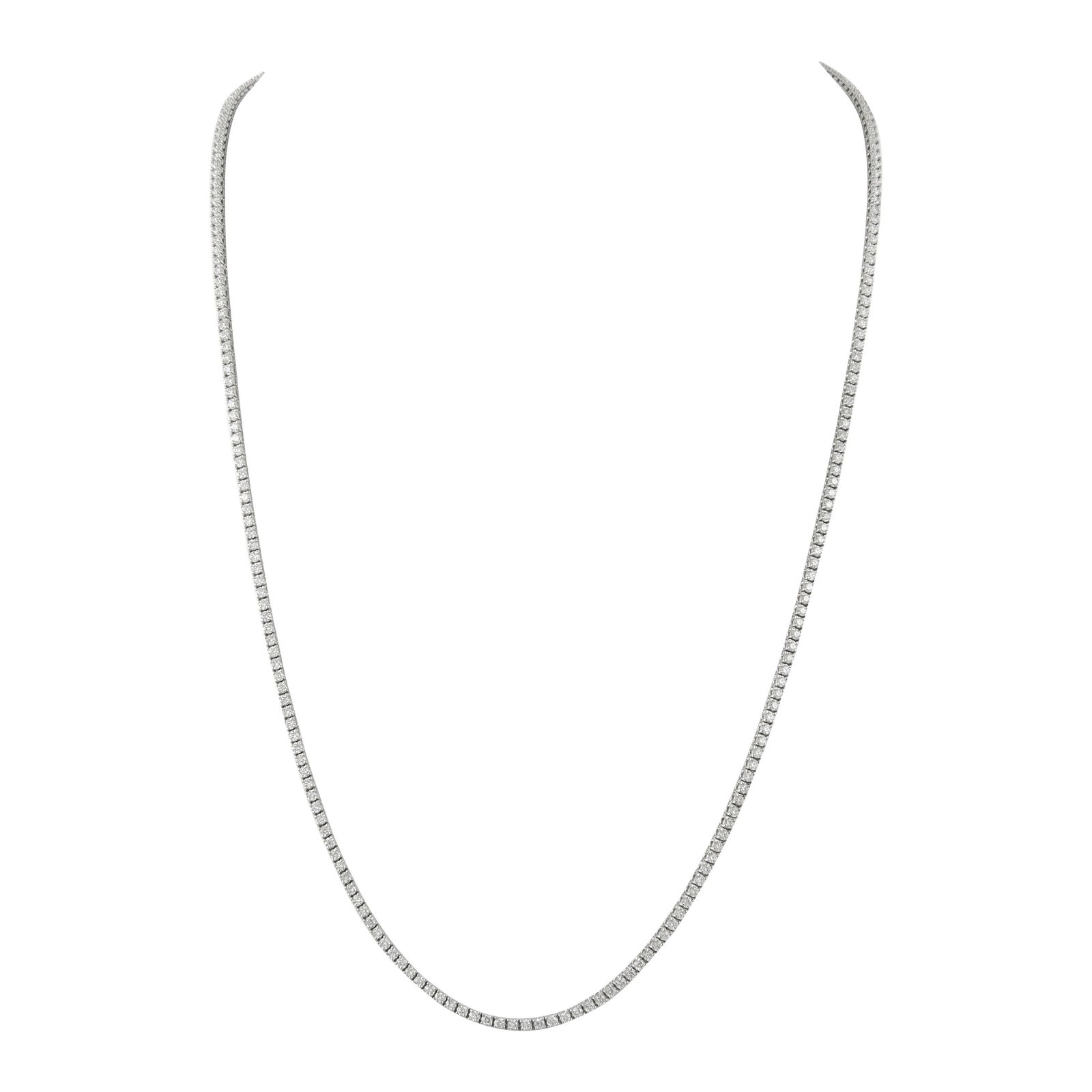 7.38ct Diamond Tennis Necklace 14k White Gold: 7.38ct Diamond Tennis Necklace 14k White Gold This exquisite 7.38ct diamond tennis necklace is crafted from 14k white gold and features 7.38 carats of round brilliant diamonds. The stones are of appro
