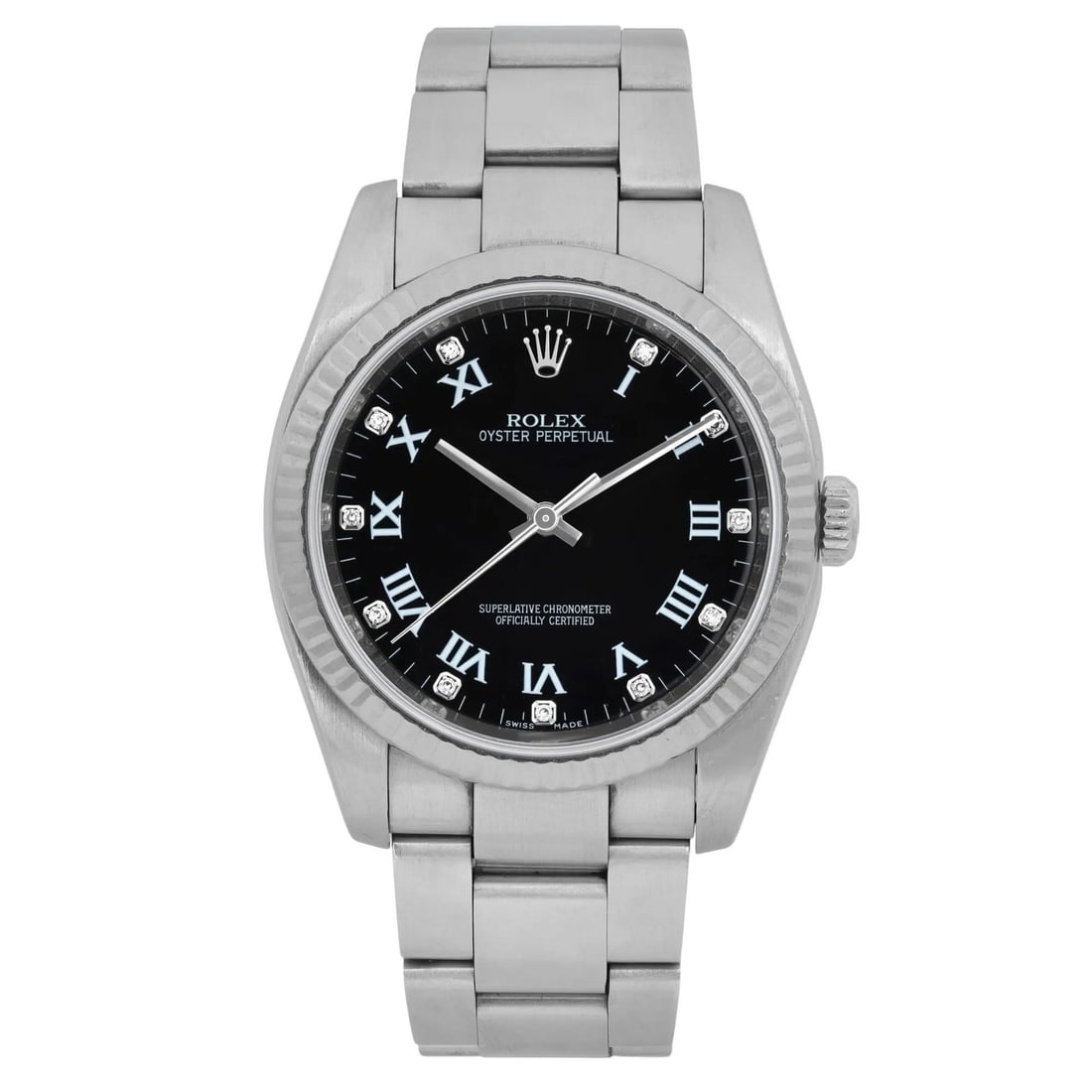 Rolex Oyster Perpetual 36mm Automatic Watch 18K White Gold Steel with Black Dial: Rolex Oyster Perpetual 36mm Automatic Watch 18K White Gold Steel with Black Dial Experience the elegance of the Rolex Oyster Perpetual, a luxurious wristwatch crafted from 18K white gold and stainless
