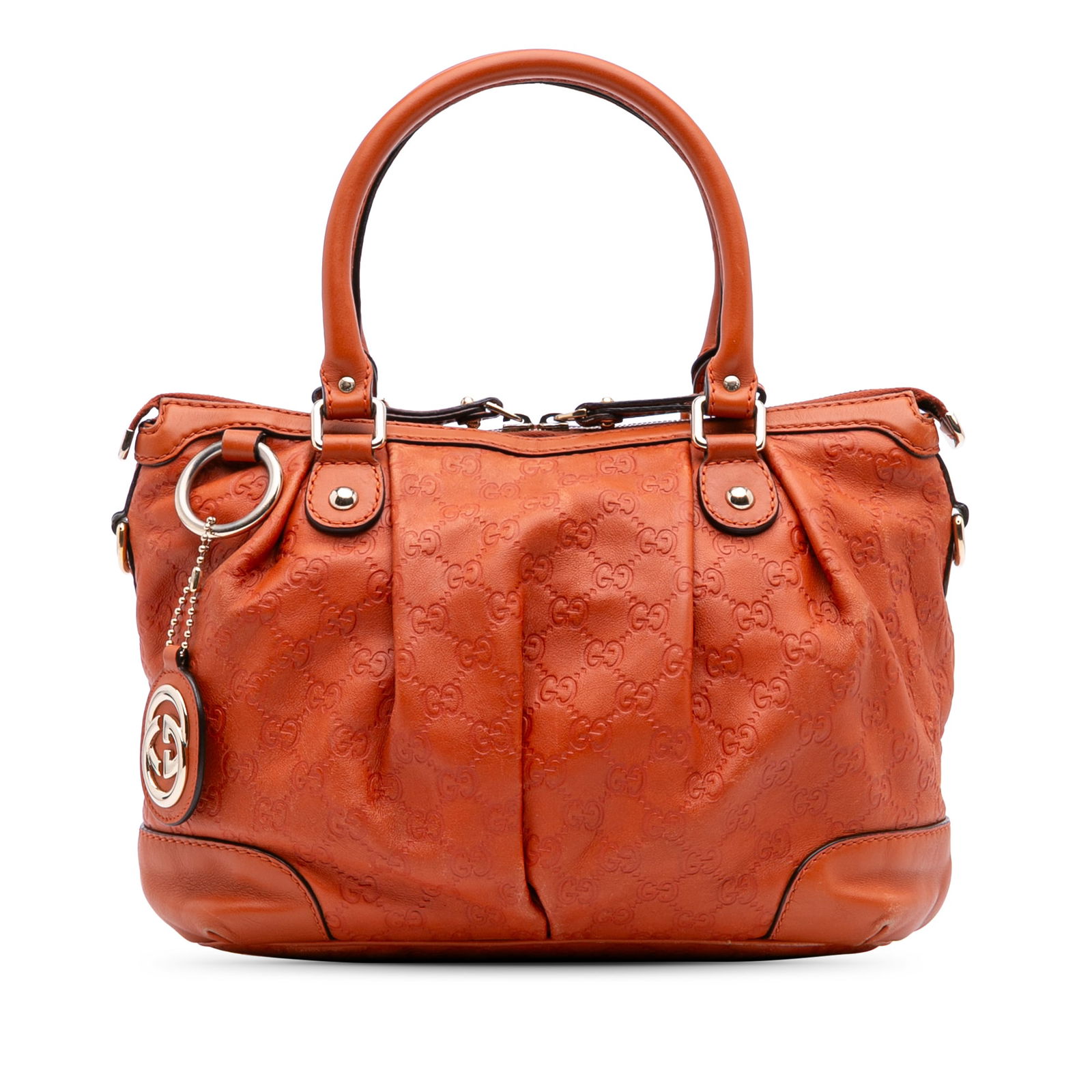 Gucci Guccissima Sukey Satchel Bag Orange Leather Italy: Gucci Guccissima Sukey Satchel Bag Orange Leather Italy The Guccissima Sukey Satchel by Gucci is a stylish accessory crafted from embossed leather. This satchel features rolled leather handles and a s