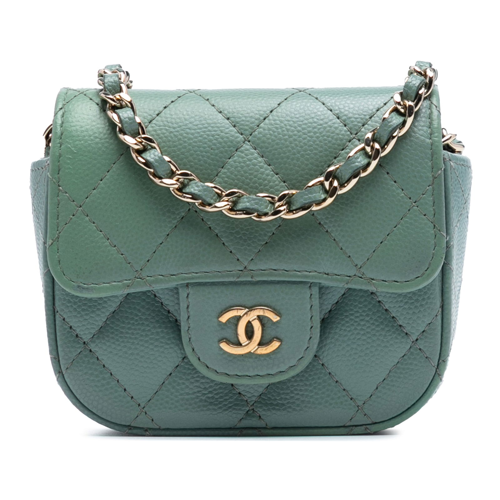 Chanel Micro Mini Classic Caviar Flap Bag Green Leather: Chanel Micro Mini Classic Caviar Flap Bag Green Leather Elevate your accessory collection with the Chanel Micro Mini Classic Caviar Single Flap crossbody bag. Crafted from luxurious quilted leather, t