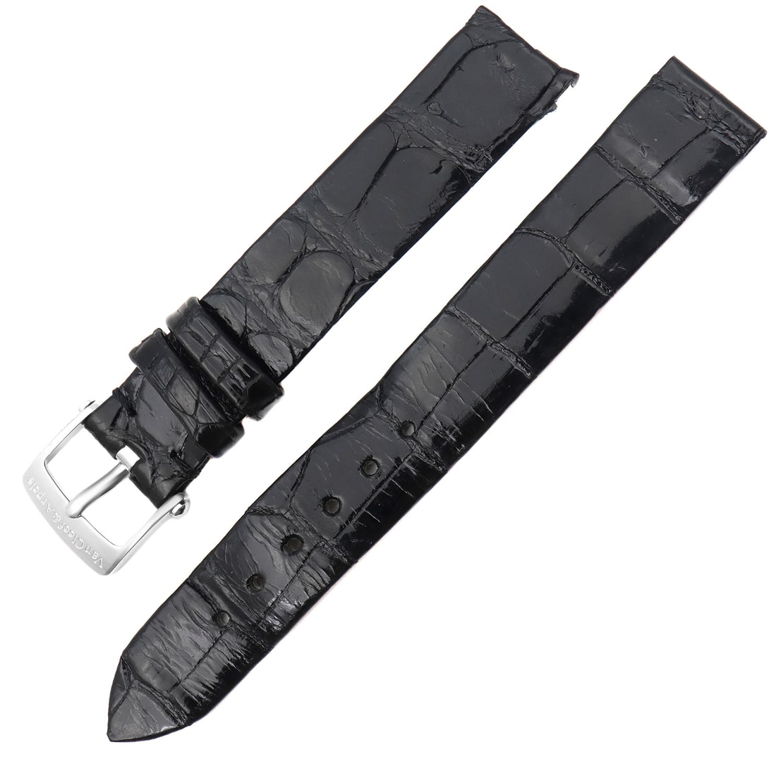 Van Cleef & Arpels 14mm Black Leather Watch Band with 18K White Gold Buckle: Van Cleef & Arpels 14mm Black Leather Watch Band with 18K White Gold Buckle Enhance your timepiece with this exquisite 14mm black patent leather watch band from Van Cleef & Arpels. Designed specifical
