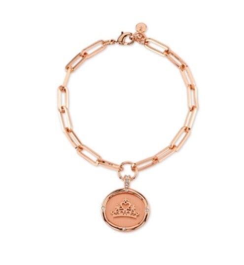Disney Princess Crown Charm Bracelet in Silver Plated Rose Gold: Disney Princess Crown Charm Bracelet in Silver Plated Rose Gold Capture the magic of Disney with this enchanting Princess Crown Link Bracelet, crafted in a fine silver-plated rose gold finish. This ch