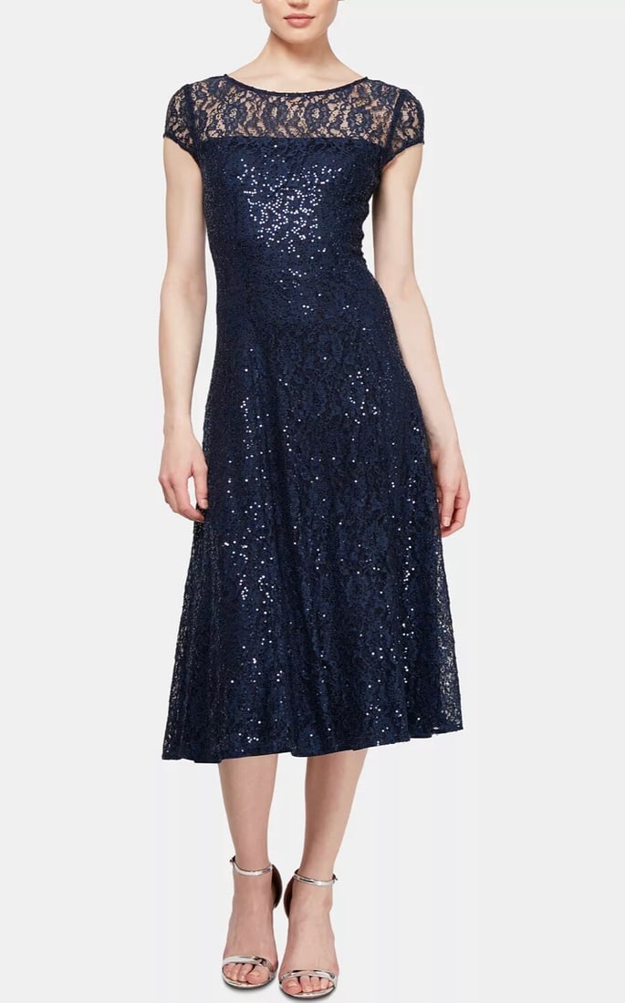 SL Fashions Navy Sequinned Lace Midi Dress 8P Fit & Flare (1 of 5)
