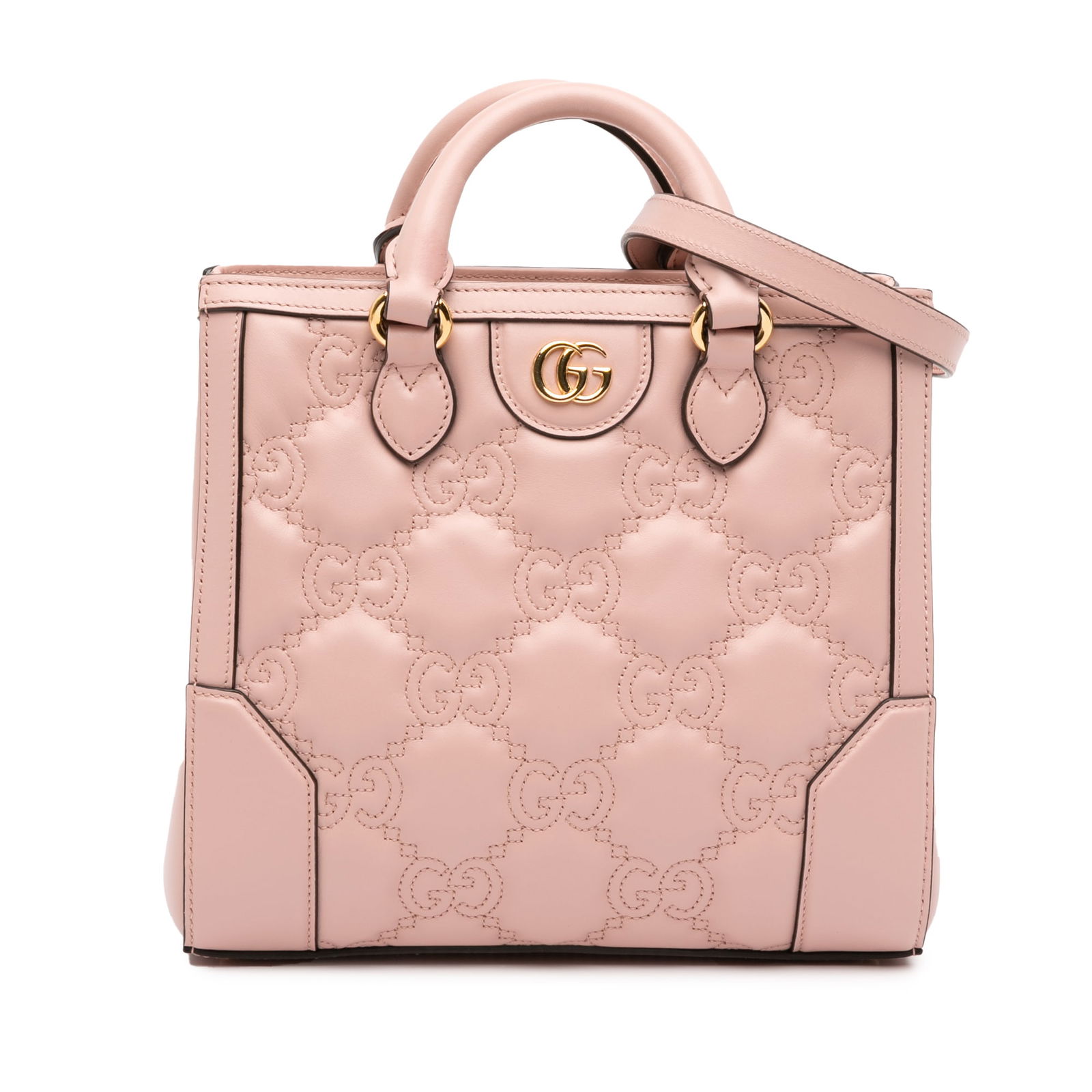 Gucci Mini GG Matelasse Pink Leather Top Handle Bag: Gucci Mini GG Matelasse Pink Leather Top Handle Bag Elevate your accessory collection with the Gucci Mini GG Matelasse Leather Top Handle Bag. This chic satchel is crafted from luxurious quilted leath