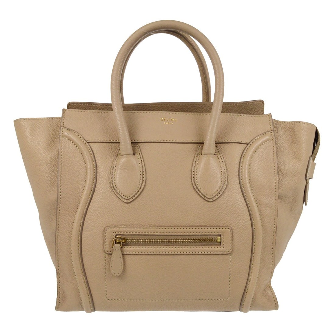 Celine Mini Luggage Tote Bag Beige Leather F-GA-017: Celine Mini Luggage Tote Bag Beige Leather F-GA-017 Introducing the Celine Mini Luggage Tote Bag in a sophisticated beige leather. This medium-sized top handle bag features a zipper closure and double