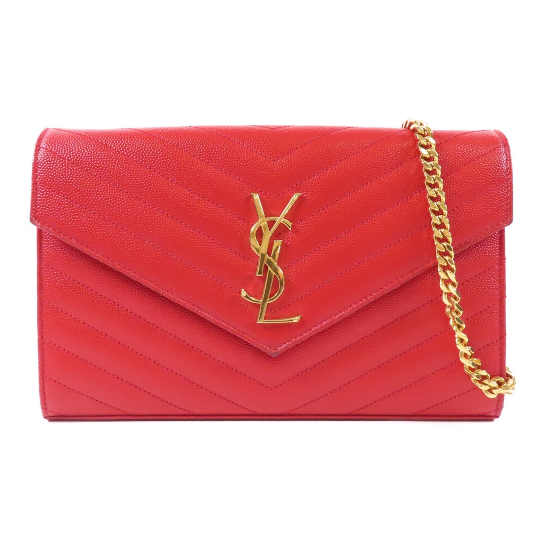 YVES SAINT LAURENT Red Calfskin Cassandre Envelope Shoulder Bag GHW: YVES SAINT LAURENT Red Calfskin Cassandre Envelope Shoulder Bag GHW Introducing the SAINT LAURENT Cassandre Envelope Shoulder Bag, a stunning accessory crafted from luxurious calfskin leather in a vib
