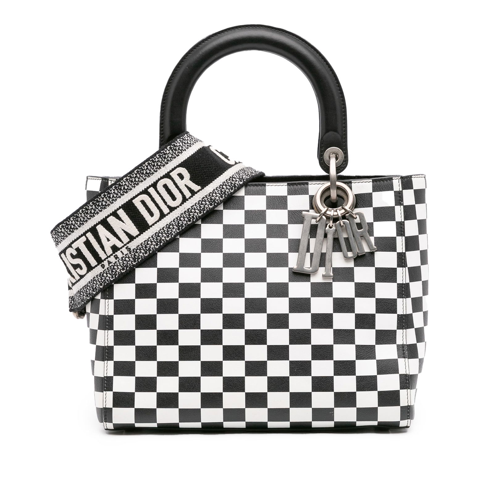 Dior Medium Checkered Calfskin Lady Dior Handbag Black Leather: Dior Medium Checkered Calfskin Lady Dior Handbag Black Leather Introducing the Medium Calfskin Checkered Lady Dior, a stunning handbag crafted from premium leather. This elegant bag features flat leat