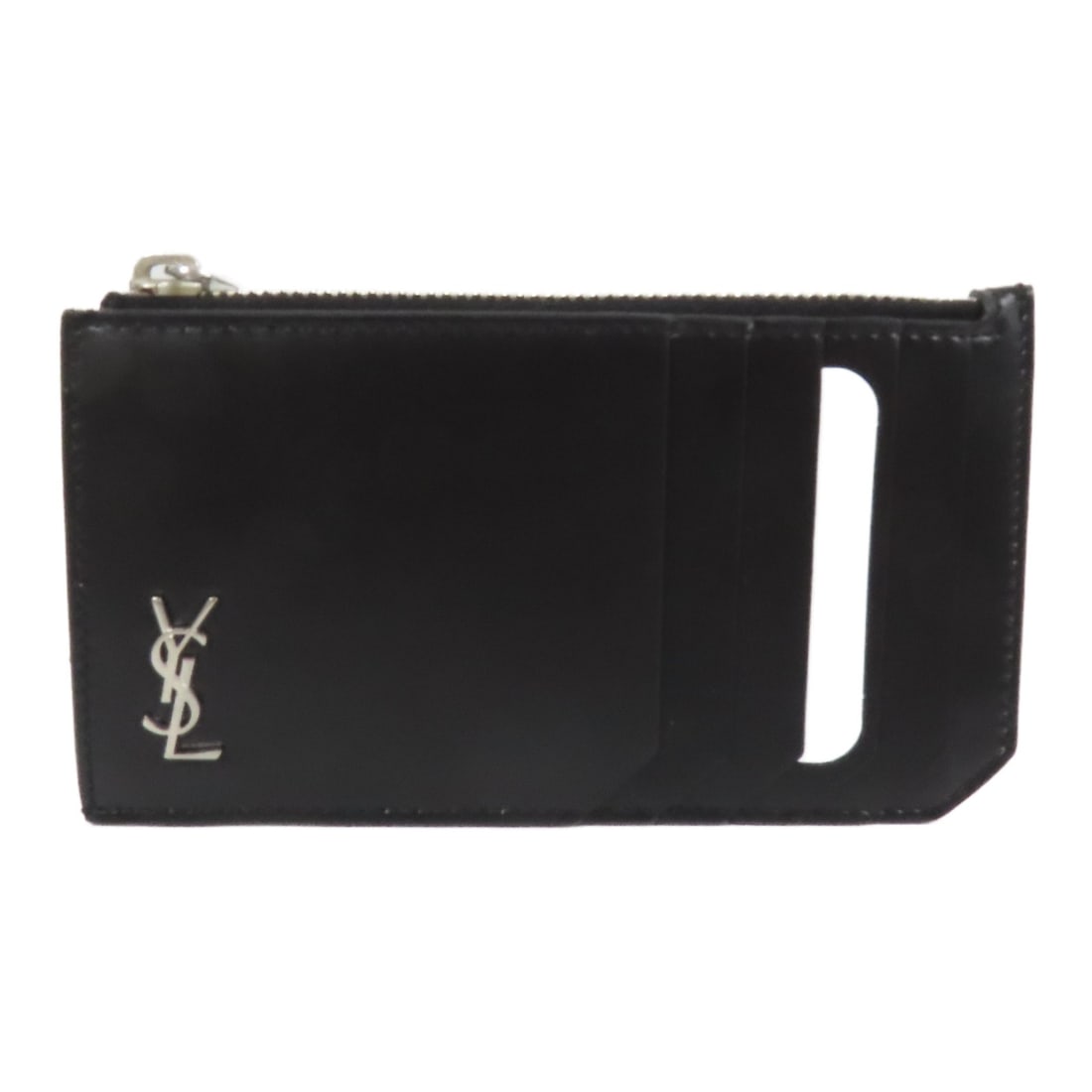 SAINT LAURENT Black Leather Zip Card Case 629899: SAINT LAURENT Black Leather Zip Card Case 629899 This elegant card case from SAINT LAURENT is crafted from high-quality leather in a classic black finish. Its sleek design is perfect for organizing yo