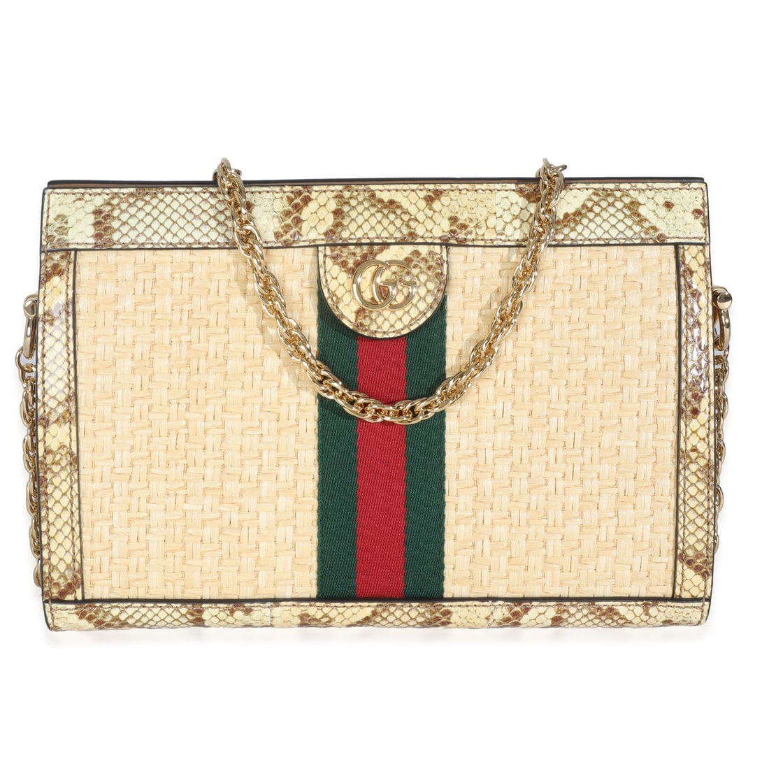 Gucci Ophidia Cream Brown Raffia Elaphe Small Shoulder Bag: Gucci Ophidia Cream Brown Raffia Elaphe Small Shoulder Bag Elevate your accessory collection with the Gucci Cream Brown Raffia Elaphe GG Small Ophidia Chain Shoulder Bag. This stylish shoulder bag fea