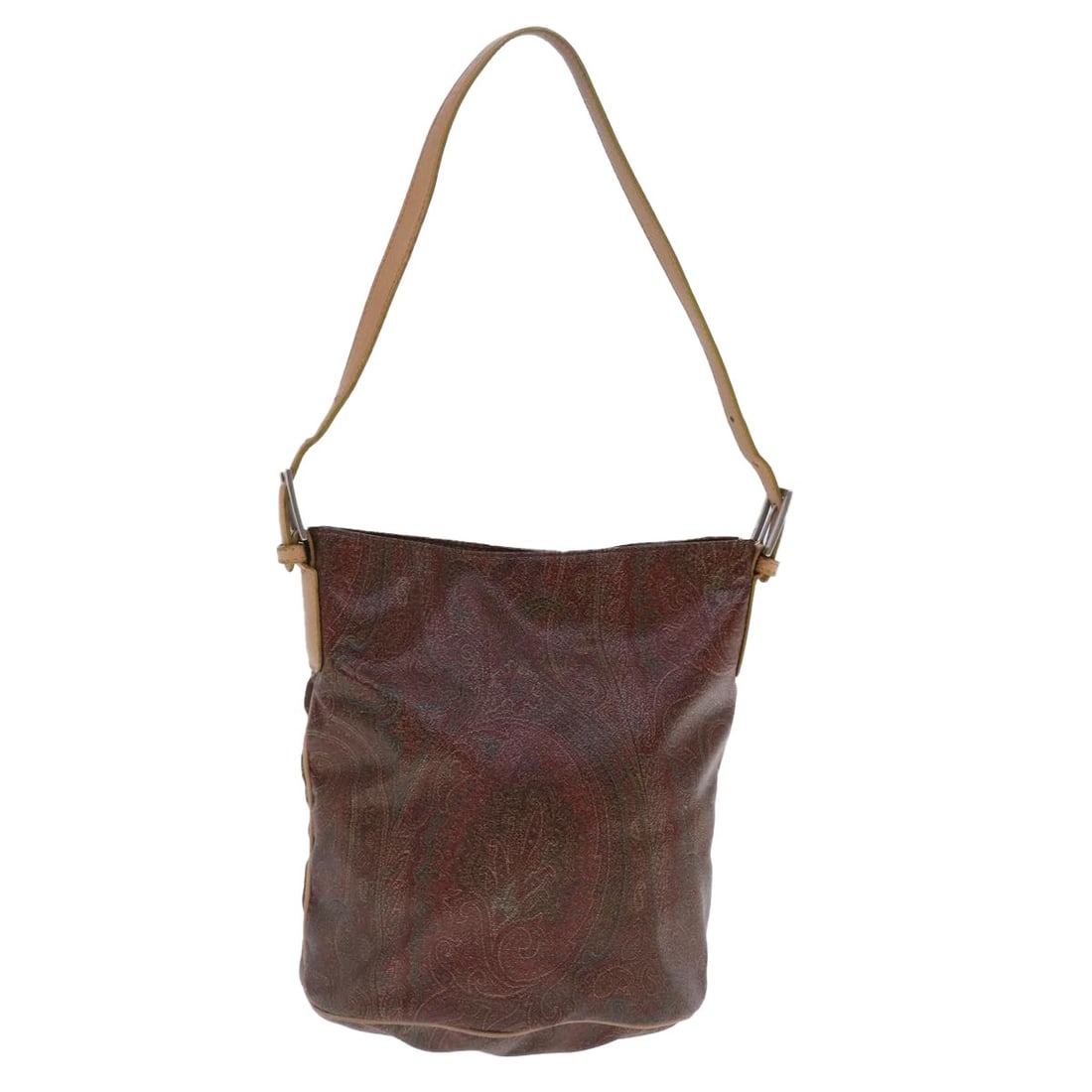 ETRO Paisley PVC Leather Shoulder Bag Brown Silver Made in Italy: ETRO Paisley PVC Leather Shoulder Bag Brown Silver Made in Italy This ETRO shoulder bag showcases a stylish design crafted from durable PVC leather in a rich brown and silver color scheme. Measuring a