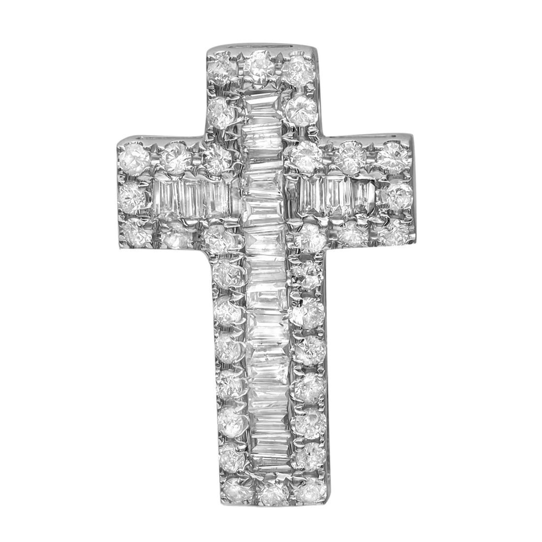 Rachel Koen 14K White Gold Diamond Cross Pendant 0.60ctw Baguette Round: Rachel Koen 14K White Gold Diamond Cross Pendant 0.60ctw Baguette Round This exquisite pendant showcases a stunning cross design crafted from 14K white gold. It features channel-set baguette-cut diamo