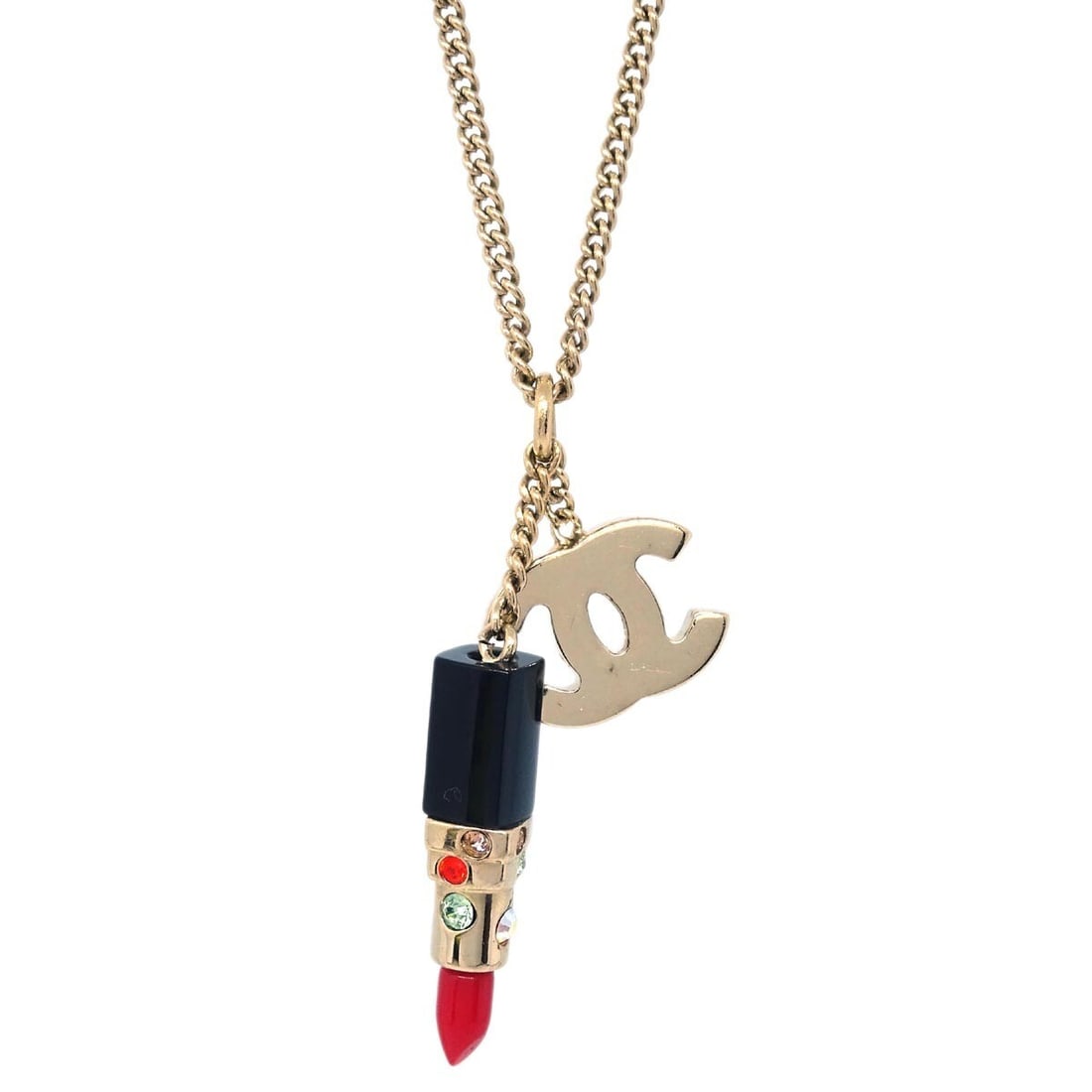 Chanel Gold Plated CC Pendant Necklace with Rhinestones: Chanel Gold Plated CC Pendant Necklace with Rhinestones Elevate your style with this stunning Chanel Lipstick Gold CC Pendant Necklace. The necklace features a charming CC pendant that beautifully sho