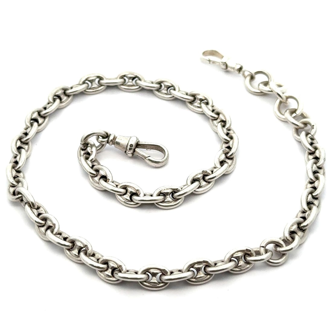 Vintage Sterling Silver Mariner Link Pocket Watch Chain Necklace 17": Vintage Sterling Silver Mariner Link Pocket Watch Chain Necklace 17" This exquisite vintage necklace features a mariner style link design crafted from sterling silver (.925). The dual dog clip chain m