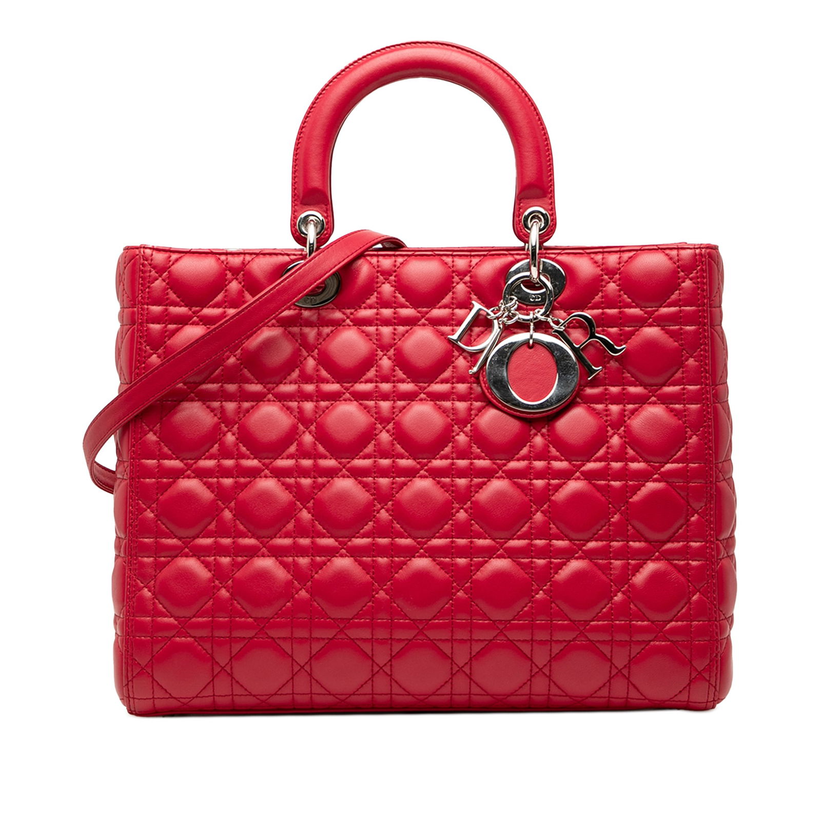 Dior Large Lambskin Cannage Lady Dior Red Bag: Dior Large Lambskin Cannage Lady Dior Red Bag The Large Lambskin Cannage Lady Dior is a luxurious handbag crafted from soft lambskin leather, showcasing the iconic cannage stitch pattern. It features