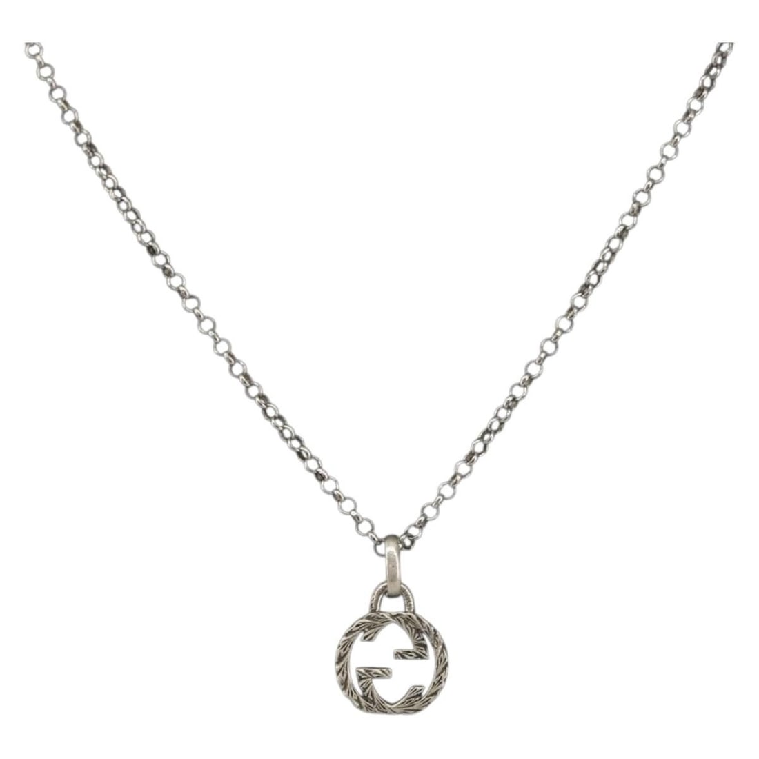 GUCCI GG Arabesque Interlocking Necklace 19.7in Silver Authentic: GUCCI GG Arabesque Interlocking Necklace 19.7in Silver Authentic This exquisite GUCCI GG Arabesque Interlocking Necklace is a stunning piece of jewelry crafted in Italy. Made from high-quality Ag925 s
