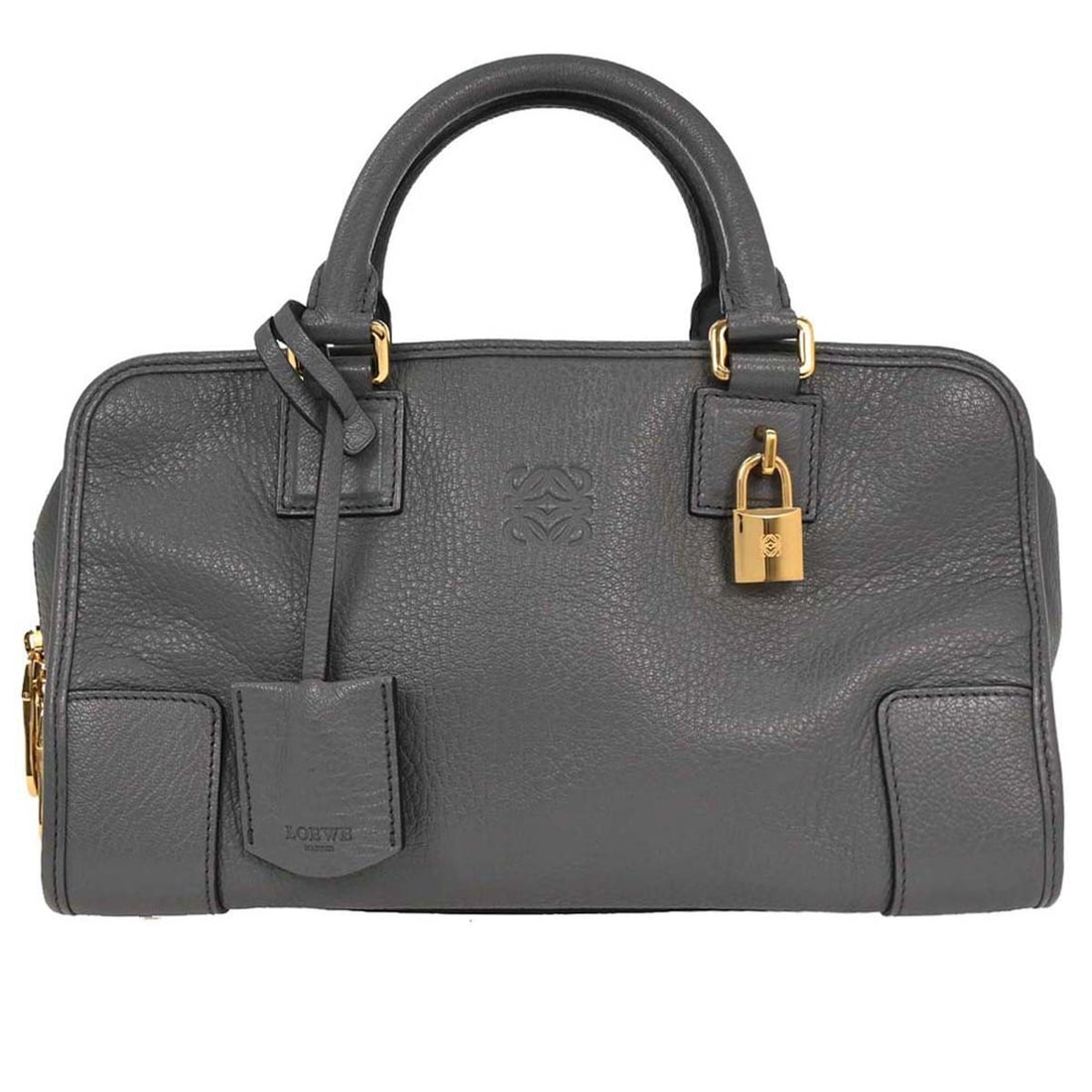 Loewe Amazona 28 Gray Leather Top Handle Handbag: Loewe Amazona 28 Gray Leather Top Handle Handbag This Loewe Amazona 28 Handbag in gray is a sophisticated addition to any collection. Crafted from high-quality leather, it features a zip closure and i
