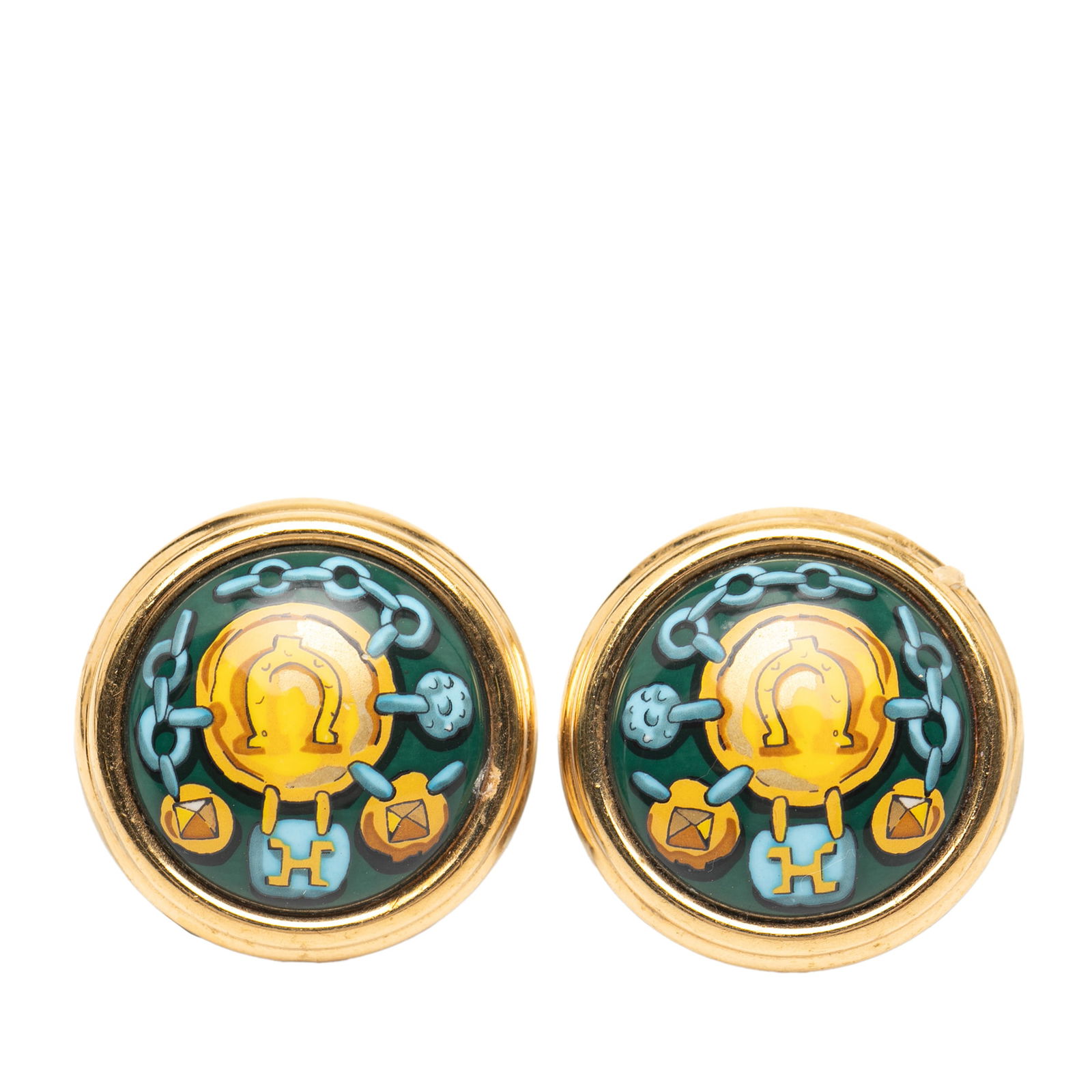Hermes Enamel Cloisonne Clip On Earrings Green Gold Plated: Hermes Enamel Cloisonne Clip On Earrings Green Gold Plated Enhance your accessory collection with these exquisite Hermes Enamel Cloisonne Clip-on Earrings. Crafted with a vibrant green enamel and gold
