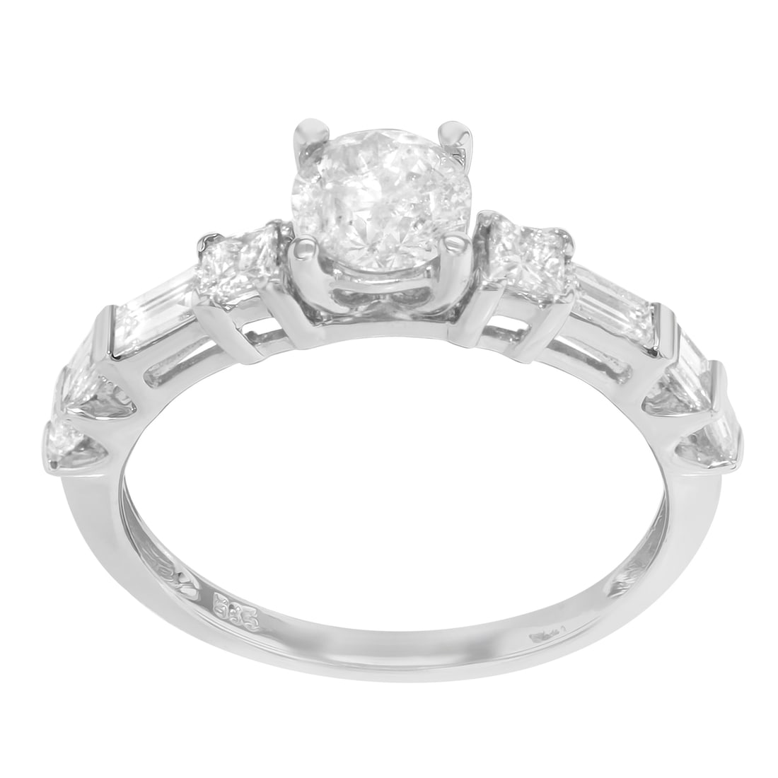14K White Gold Rachel Koen Diamond Engagement Ring 1.40 Cttw: 14K White Gold Rachel Koen Diamond Engagement Ring 1.40 Cttw This stunning 14K white gold engagement ring features a captivating round cut diamond center stone weighing approximately 0.75 carats. It i