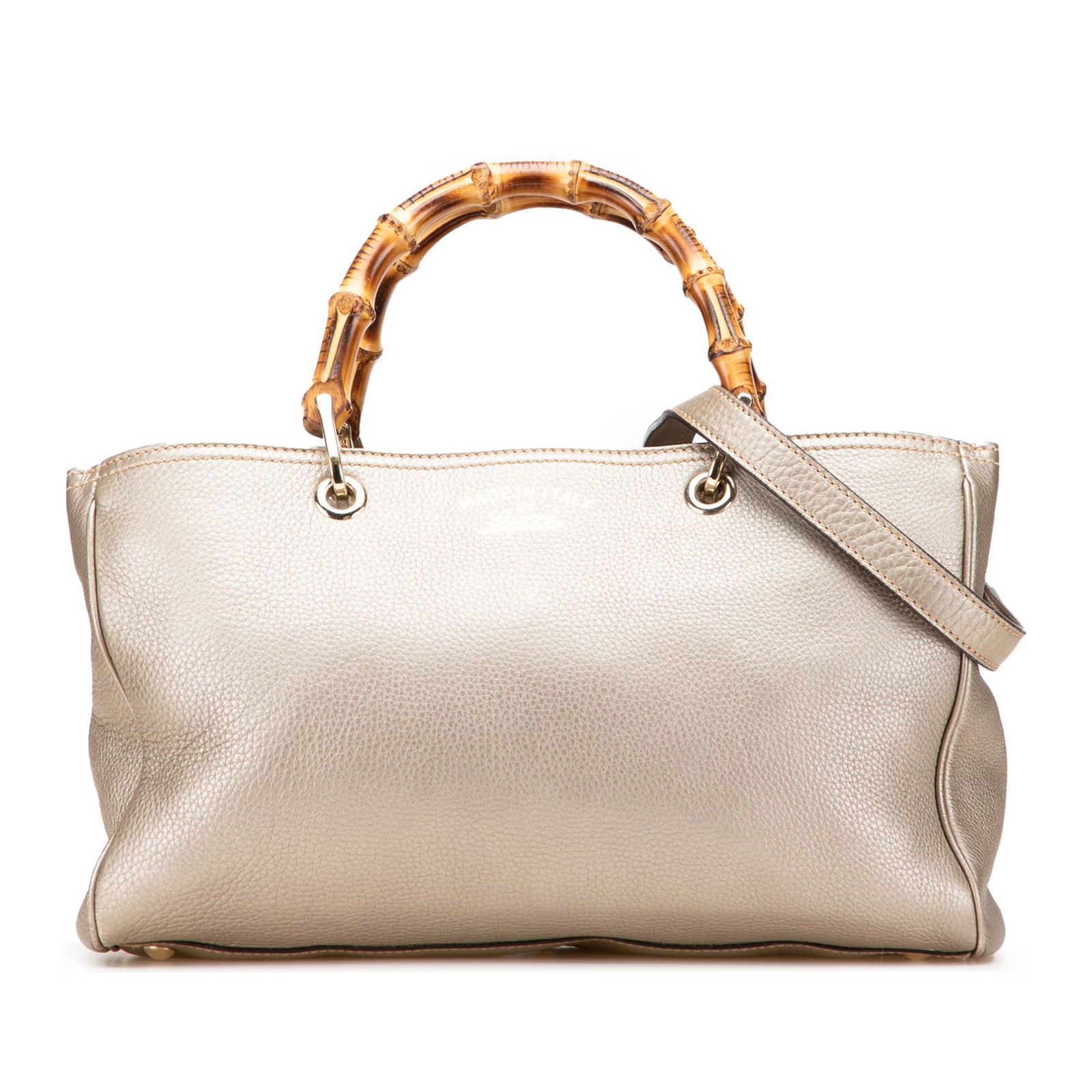 Gucci Medium Calfskin Bamboo Shopper Satchel Gold Leather Bag: Gucci Medium Calfskin Bamboo Shopper Satchel Gold Leather Bag This Gucci Medium Calfskin Bamboo Shopper Satchel is a sophisticated blend of elegance and functionality. Crafted from high-quality leathe