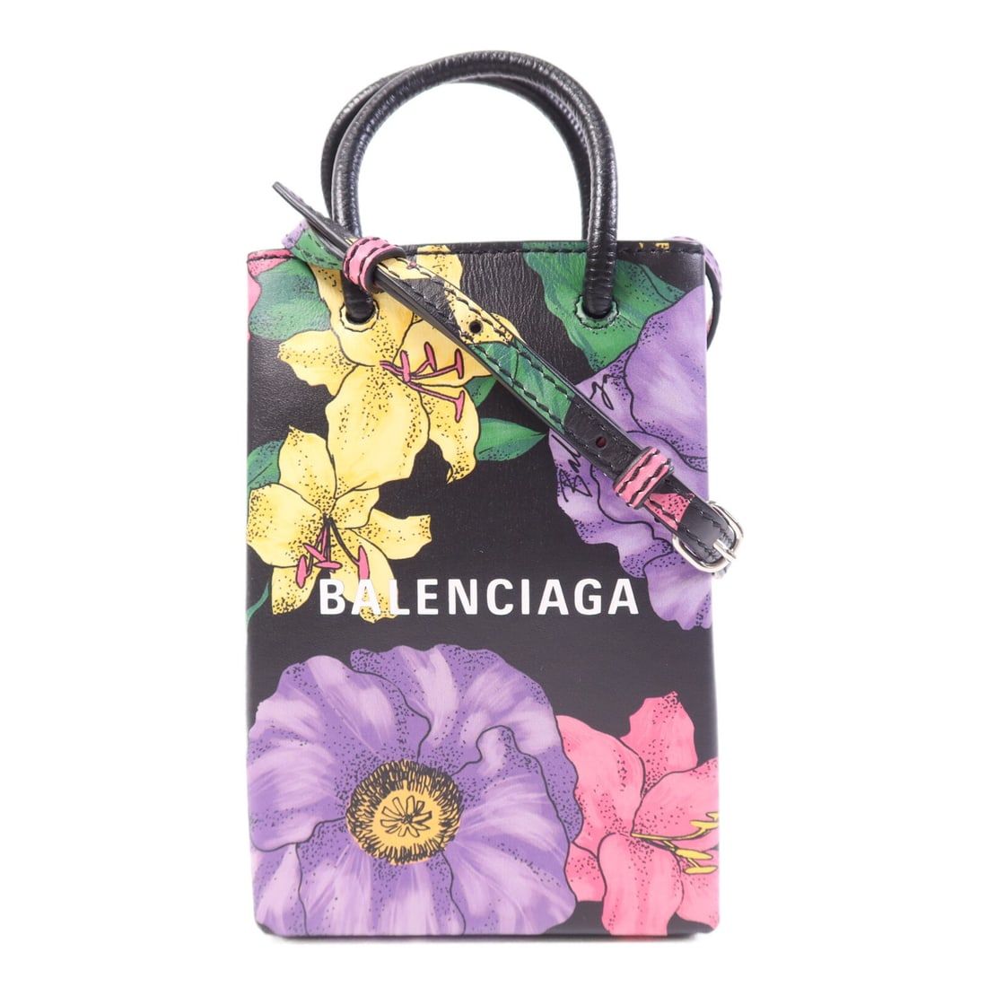 BALENCIAGA Mini Shopping Phone Holder Multicolor Calfskin 2way Shoulder Bag: BALENCIAGA Mini Shopping Phone Holder Multicolor Calfskin 2way Shoulder Bag This BALENCIAGA Mini Shopping Phone Holder is a stylish 2-way shoulder bag crafted from premium calfskin (cowhide) in a vibr