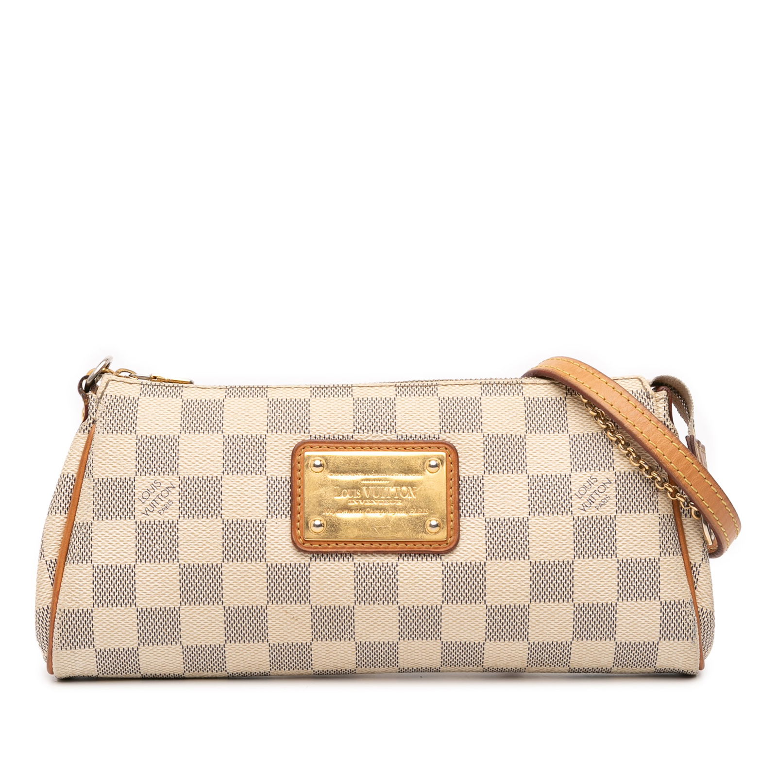 Louis Vuitton Damier Azur Eva Canvas Bag with Chain Handle: Louis Vuitton Damier Azur Eva Canvas Bag with Chain Handle Introducing the Louis Vuitton Damier Azur Eva, a stylish handbag crafted from durable damier azur canvas. This versatile piece features a rem
