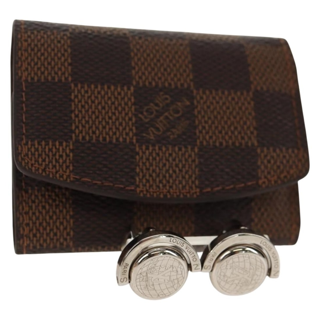 LOUIS VUITTON Damier Ebene Cuff Case Set with Silver Accents Auth BA8383V: LOUIS VUITTON Damier Ebene Cuff Case Set with Silver Accents Auth BA8383V Elevate your accessory game with this exquisite Louis Vuitton Damier Ebene Cuff Case Set. Crafted in Italy, this set showcases