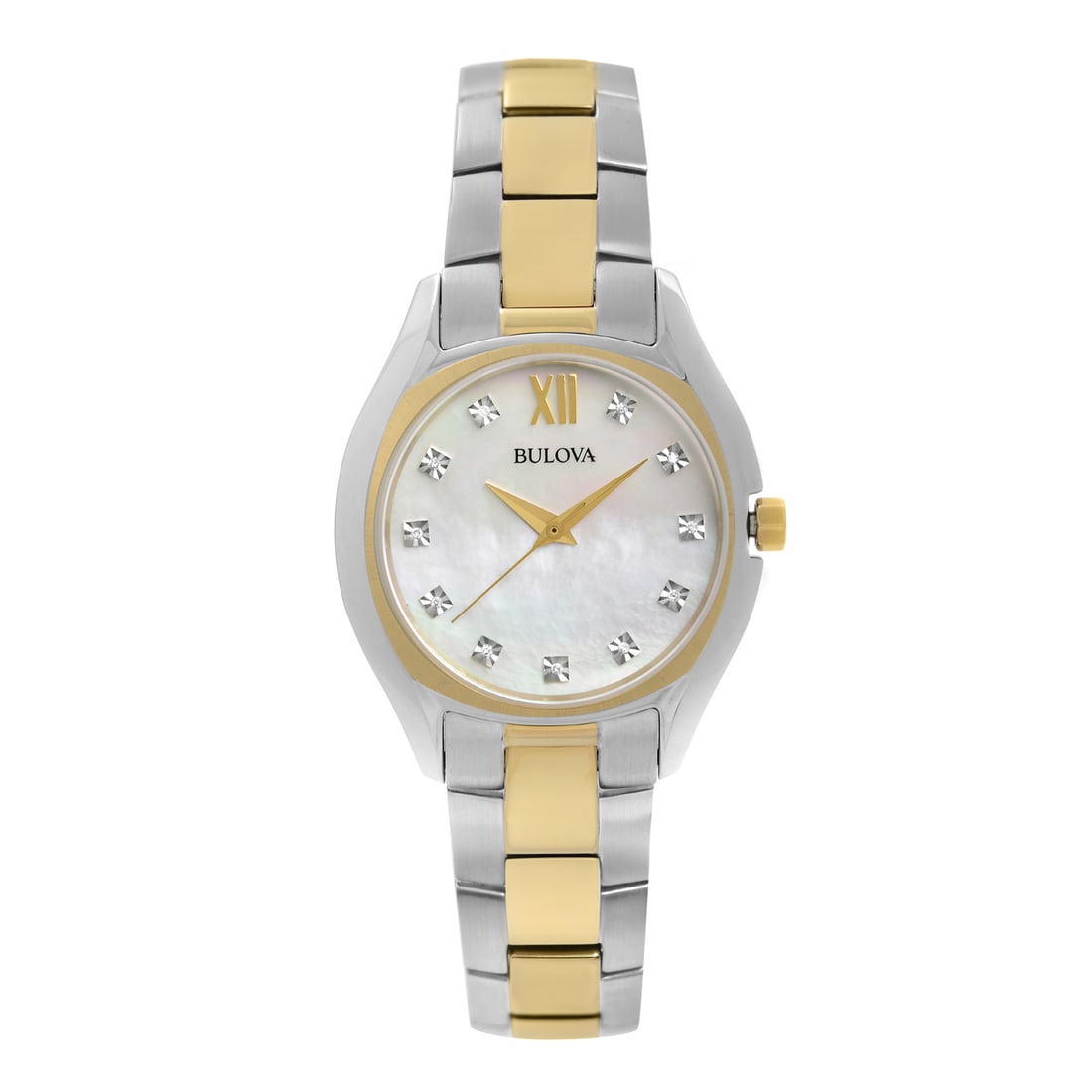 Bulova Slim Duet Two-Tone MOP Diamond Dial Ladies Watch 98P145: Bulova Slim Duet Two-Tone MOP Diamond Dial Ladies Watch 98P145 Elevate your accessory collection with this Bulova Slim Duet Two-Tone Steel MOP Diamond Dial Ladies Quartz Watch. This elegant wristwatch