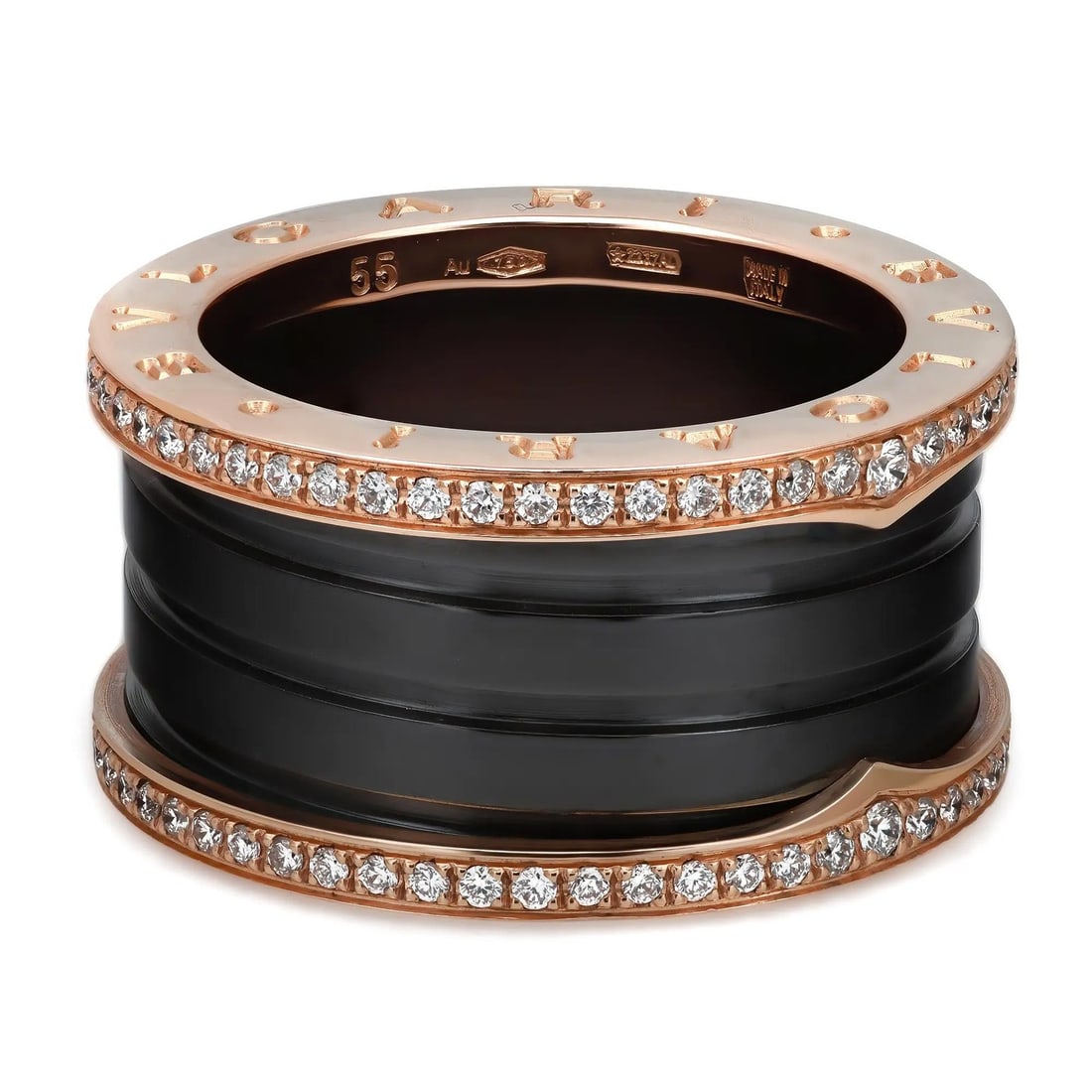 Bvlgari B.Zero1 18K Rose Gold Diamond Four Band Ring Size 7: Bvlgari B.Zero1 18K Rose Gold Diamond Four Band Ring Size 7 Introducing the exquisite Bvlgari B.Zero1 Diamond Black Ceramic Four Band Ring, a stunning piece that epitomizes luxury and style. Crafted f