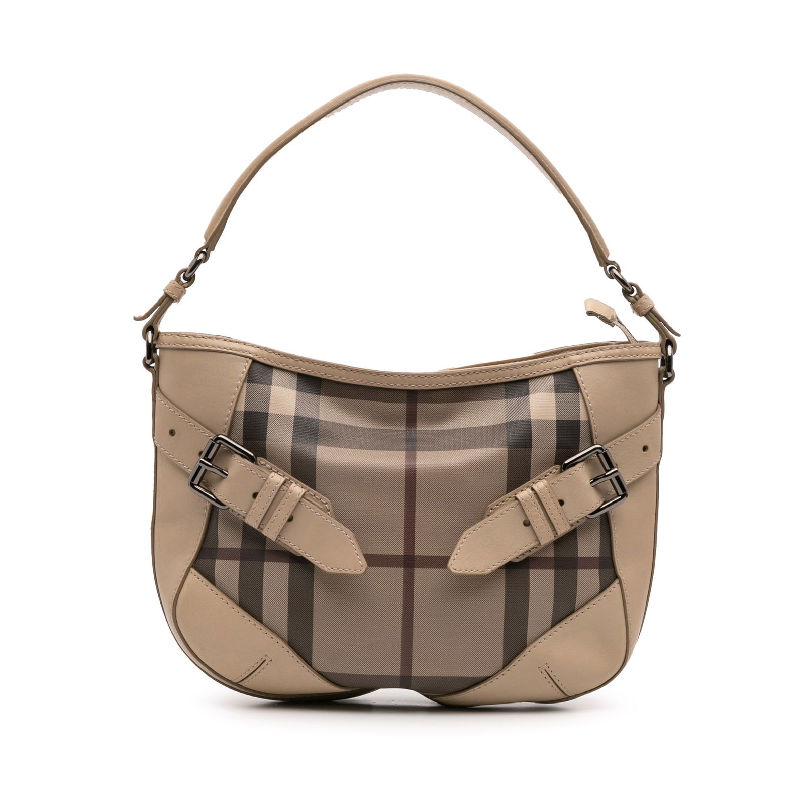 Burberry Smoke Check Coated Canvas Leather Satchel Bag: Burberry Smoke Check Coated Canvas Leather Satchel Bag This Burberry satchel showcases a stylish design with a leather and smoke check coated canvas body. It features a flat leather shoulder strap for