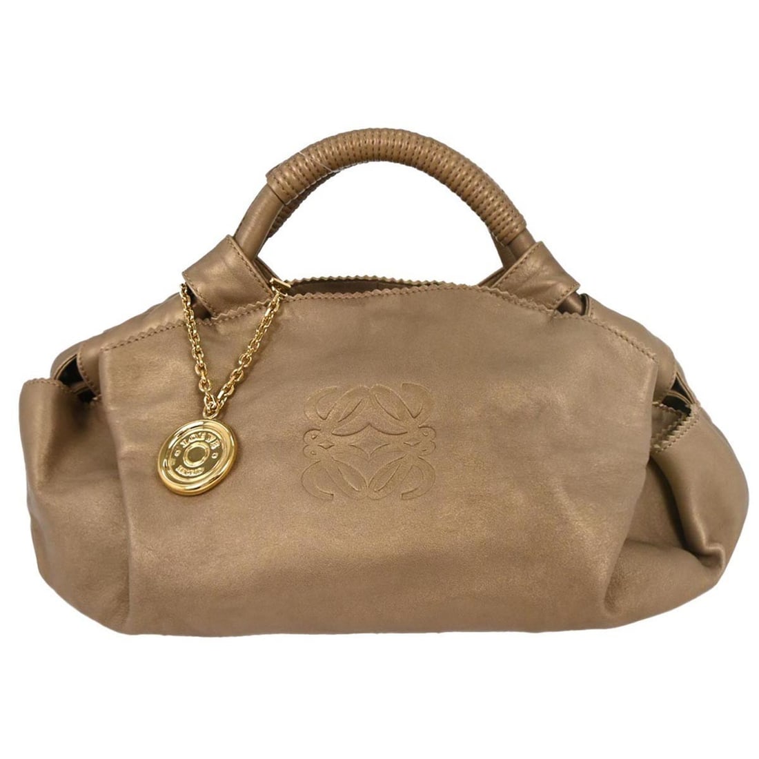 Loewe Gold Lambskin Nappa Aire Top Handle Handbag 051006: Loewe Gold Lambskin Nappa Aire Top Handle Handbag 051006 Elevate your accessory collection with this stunning Loewe Gold Lambskin Nappa Aire Handbag. This exquisite top handle bag features a luxurious