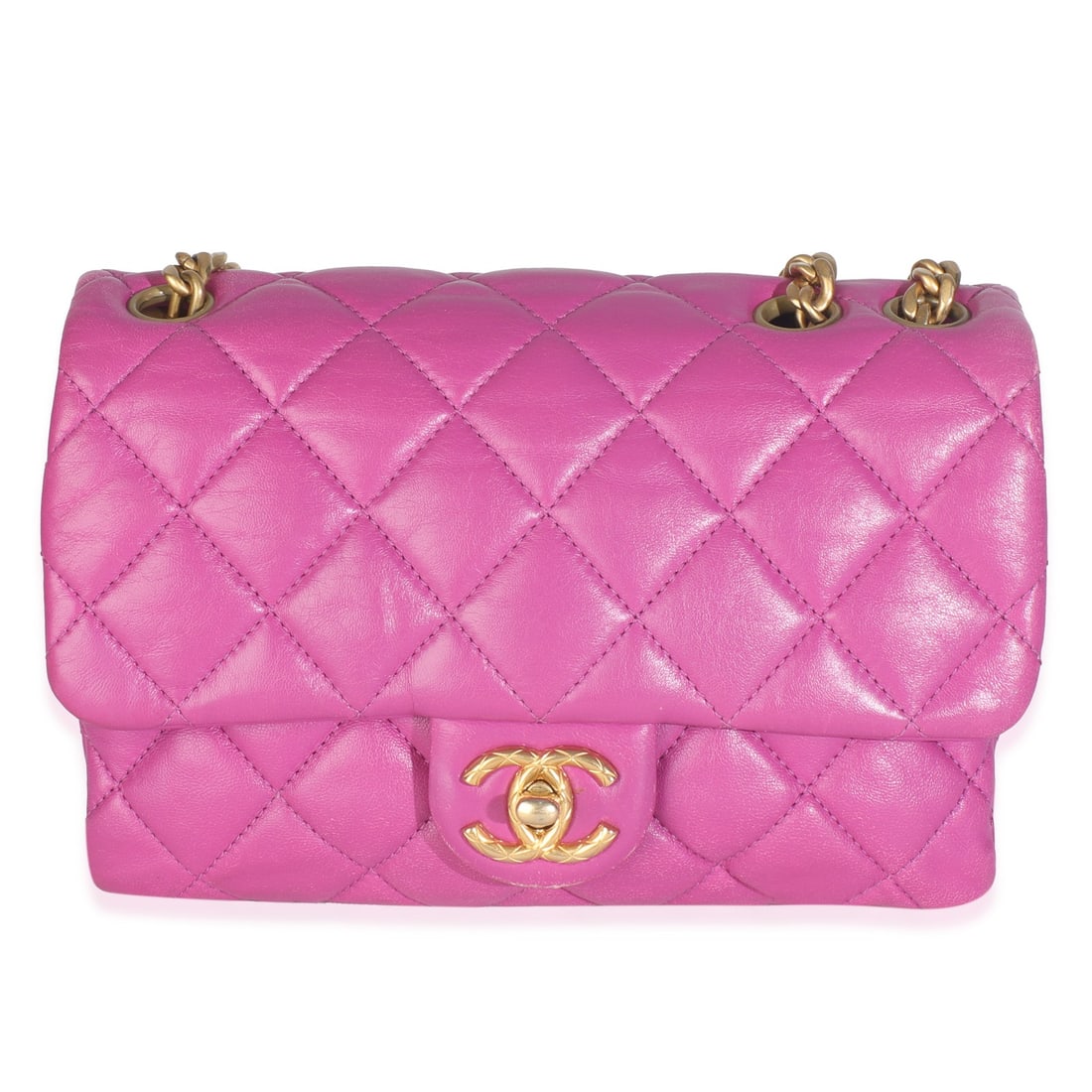 Chanel Purple Shiny Aged Quilted Calfskin Small Pillow Crush Bag: Chanel Purple Shiny Aged Quilted Calfskin Small Pillow Crush Bag This exquisite Chanel Small Pillow Crush Flap Bag is crafted from shiny aged calfskin leather in a stunning purple hue. Designed for el