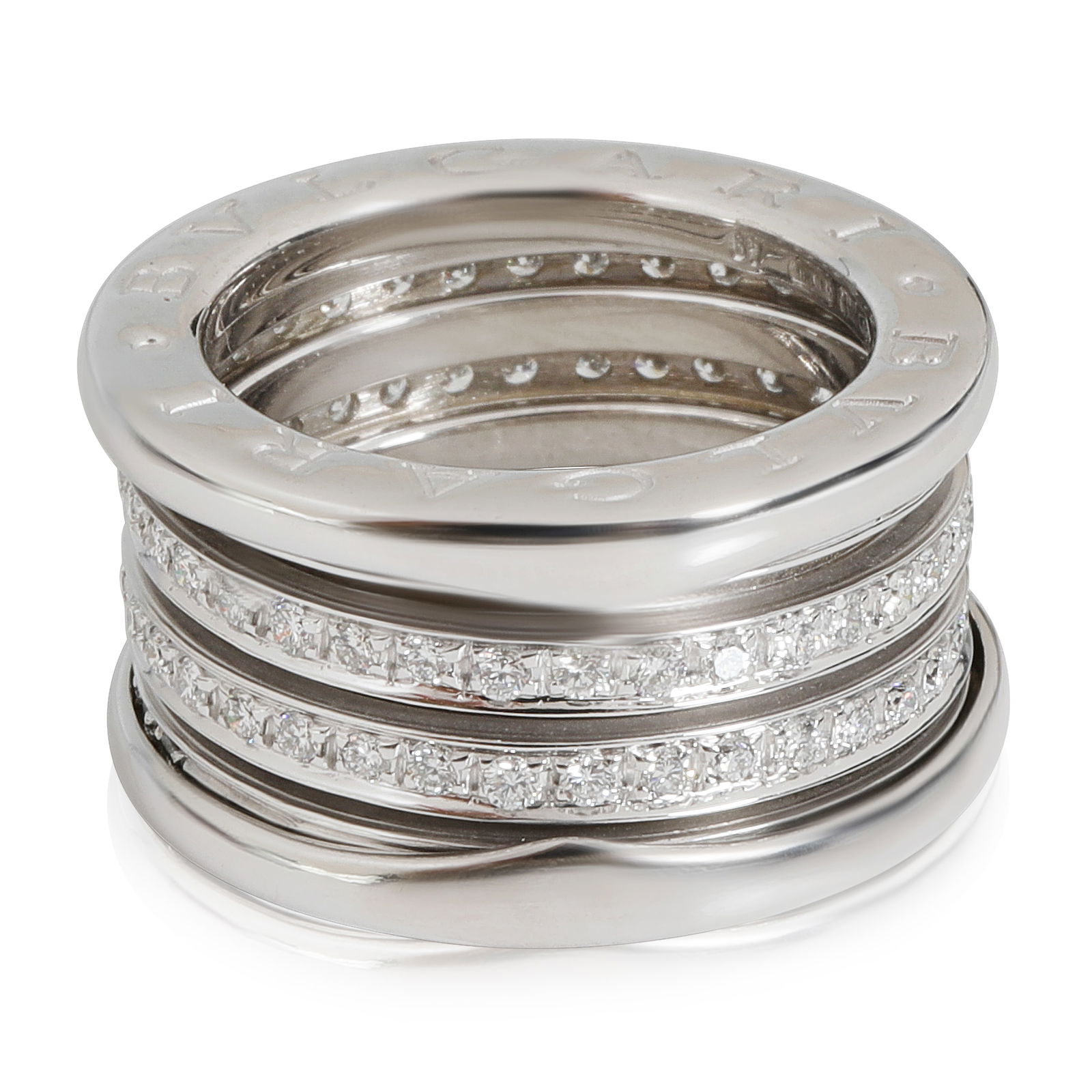 BVLGARI B.zero1 0.89 CTW Diamond Band Ring in 18k White Gold: BVLGARI B.zero1 0.89 CTW Diamond Band Ring in 18k White Gold Introducing the BVLGARI B.zero1 Three-Band Diamond Ring, a stunning piece crafted in luxurious 18k white gold. This elegant band features r