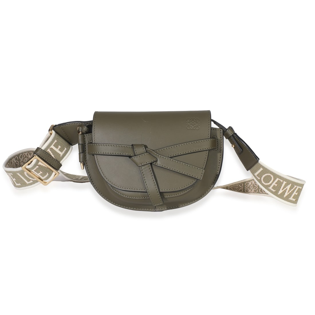 Loewe Mini Gate Dual Bag Khaki Leather Crossbody with Dustbag: Loewe Mini Gate Dual Bag Khaki Leather Crossbody with Dustbag Elevate your accessory collection with the Loewe Khaki Calfskin Mini Gate Dual Bag. This stylish crossbody bag features a chic flap top cl