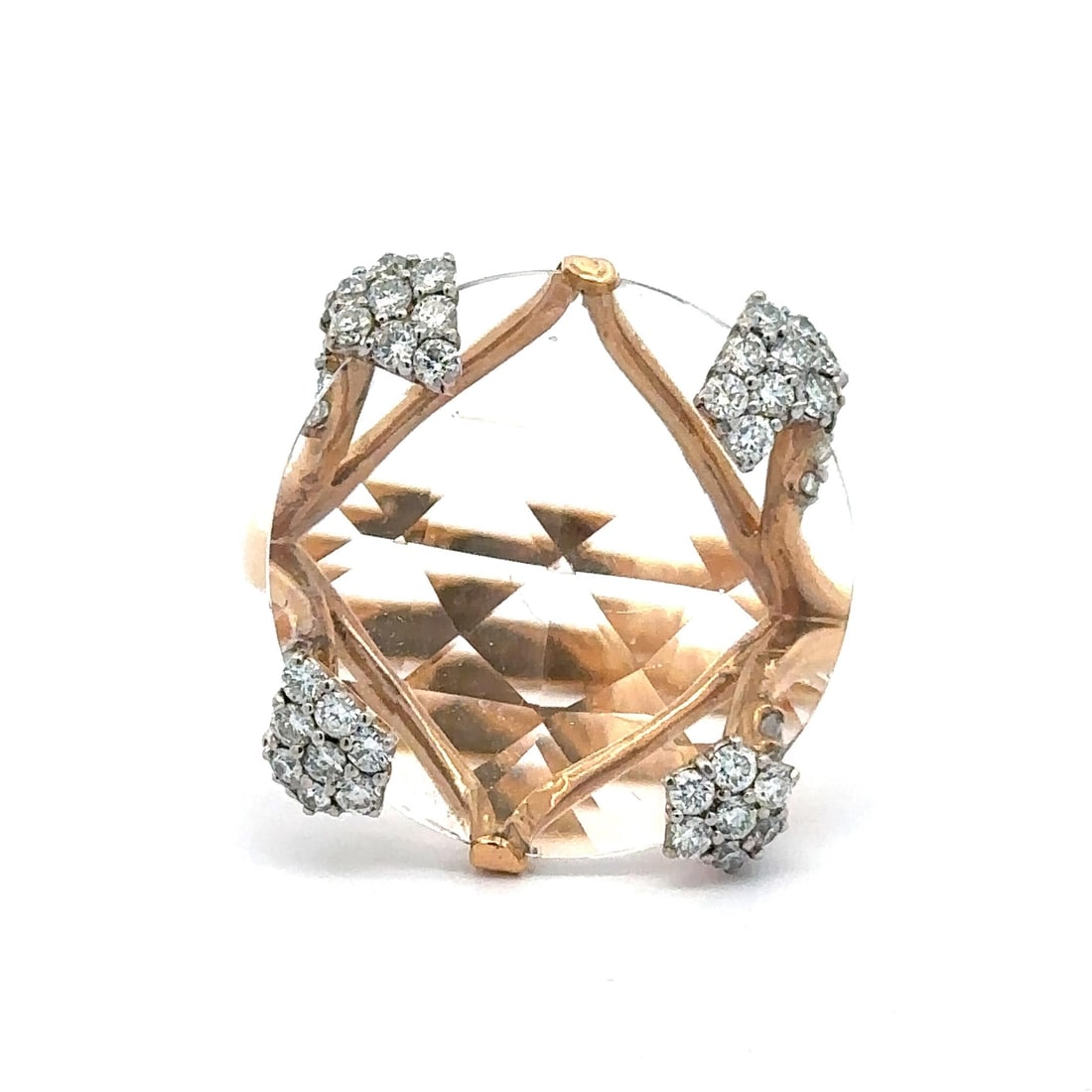18k Yellow Gold Statement Ring with Diamond & Large White Quartz: 18k Yellow Gold Statement Ring with Diamond & Large White Quartz This stunning 18k Yellow Gold statement ring features a large faceted white quartz centerpiece, elegantly prong set. The ring is design