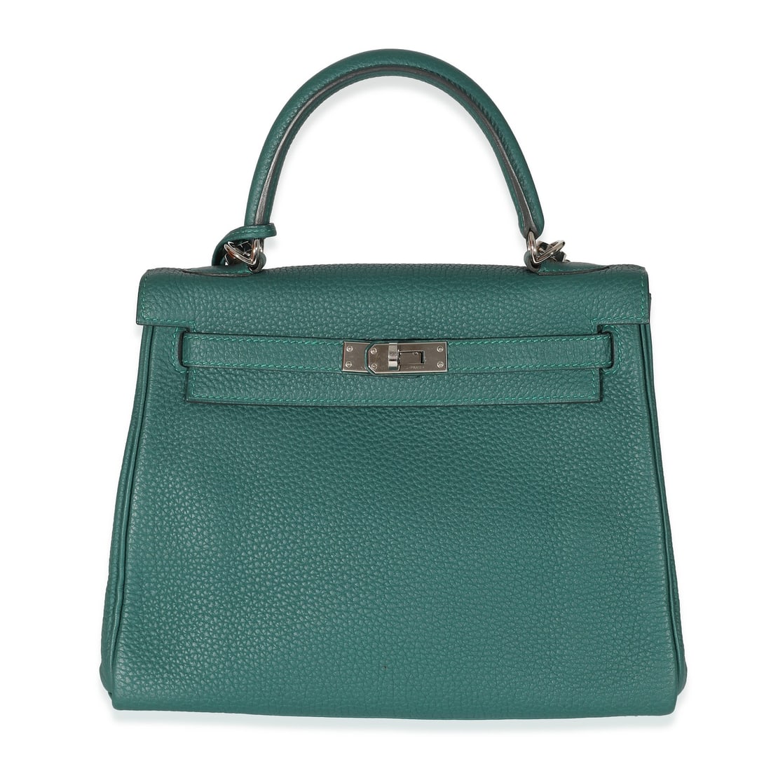 Hermes Kelly 25 Malachite Togo Leather Handbag Silver-Tone Hardware: Hermes Kelly 25 Malachite Togo Leather Handbag Silver-Tone Hardware Introducing the Hermes Malachite Togo Retourne Kelly 25, a classic and elegant handbag crafted from high-quality leather. This stunn