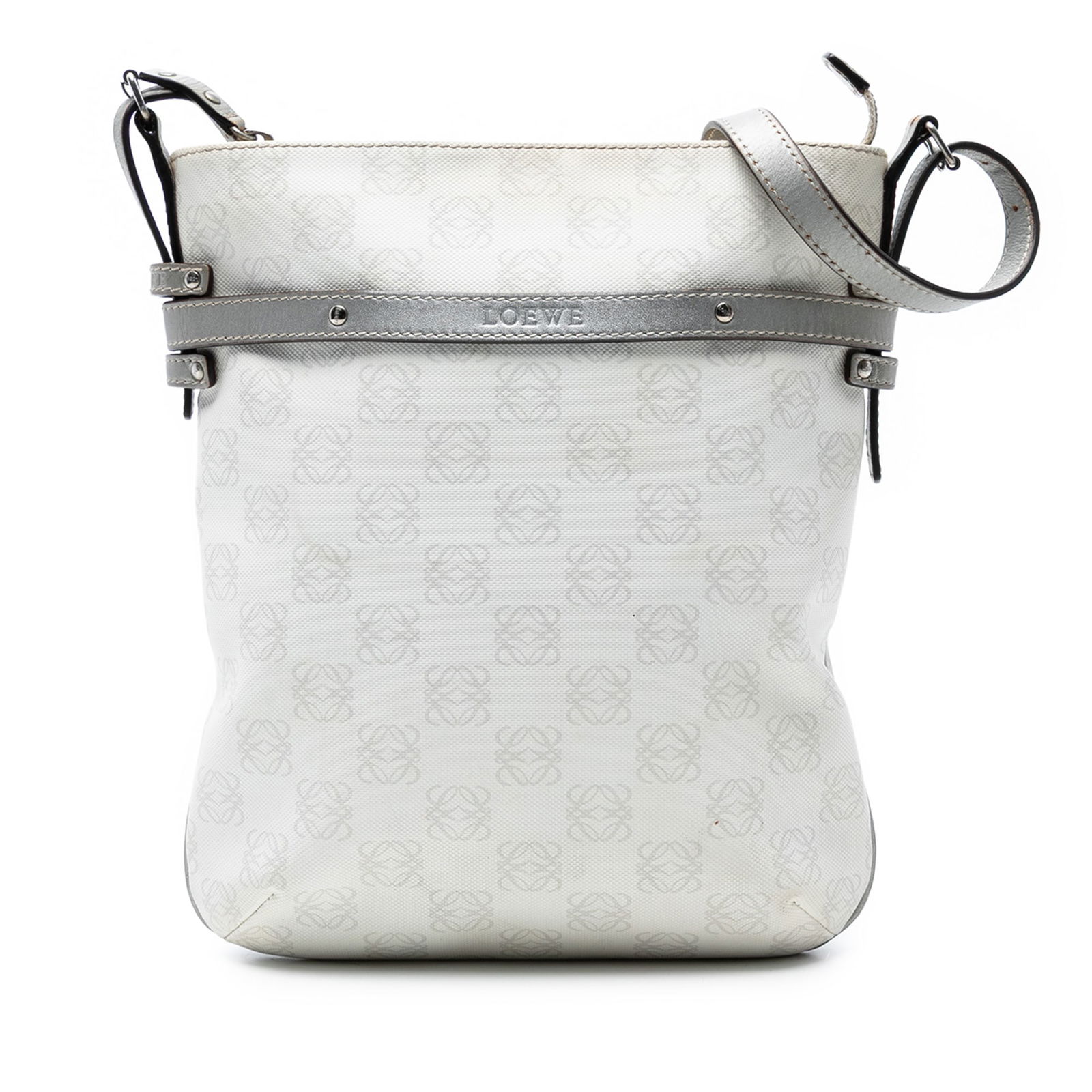 LOEWE Anagram White Coated Canvas Crossbody Bag with Leather Trim: LOEWE Anagram White Coated Canvas Crossbody Bag with Leather Trim Elevate your accessory collection with the LOEWE Anagram Coated Canvas Crossbody. This stylish bag features a durable coated canvas bo