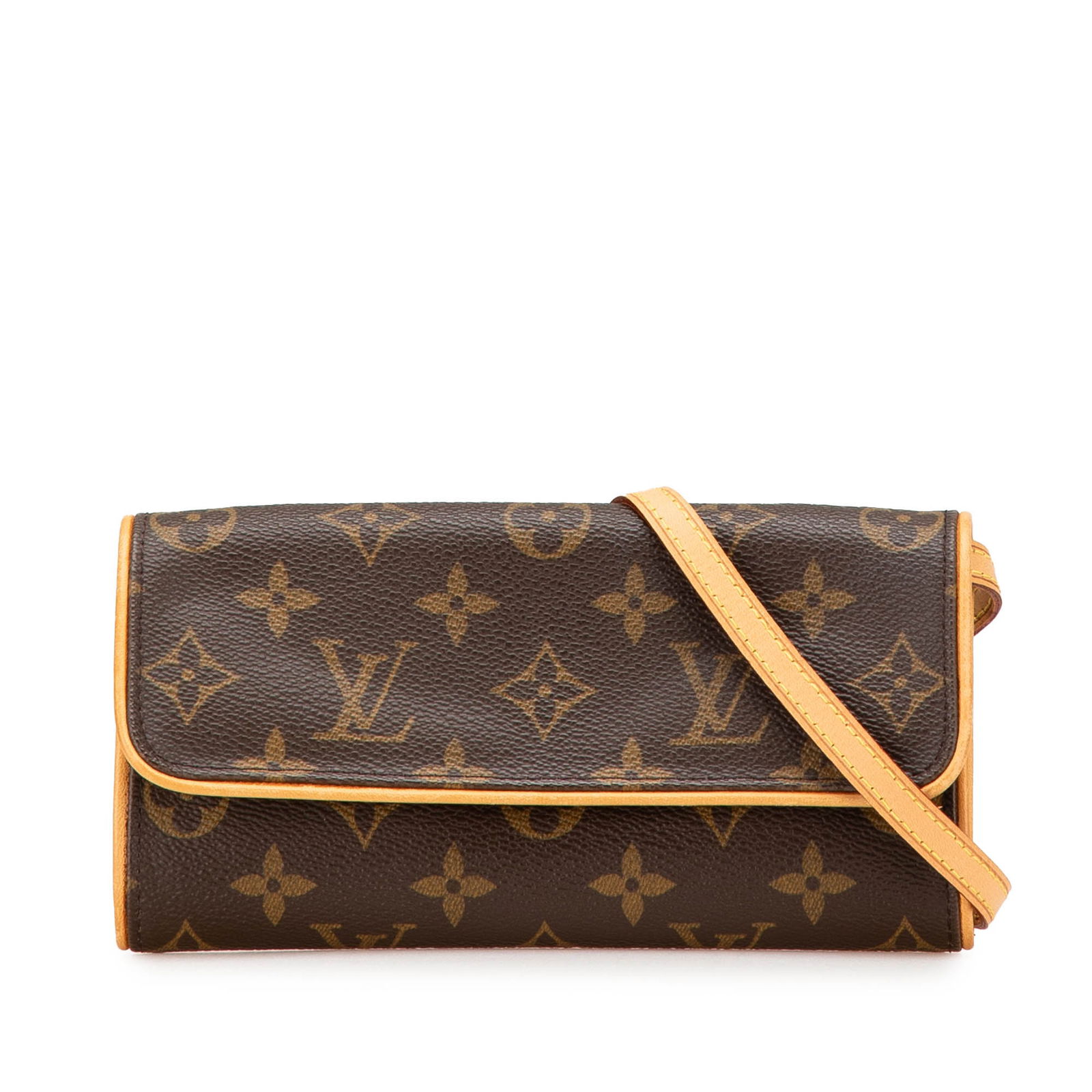 Louis Vuitton Monogram Pochette Twin PM Bag with Vachetta Strap: Louis Vuitton Monogram Pochette Twin PM Bag with Vachetta Strap The Louis Vuitton Monogram Pochette Twin PM is an elegant bag crafted from durable monogram canvas. It features a flat vachetta leather