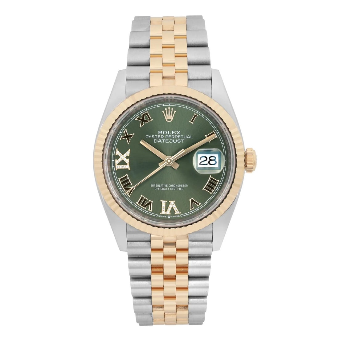 Rolex Datejust 126233 36mm Steel Gold Green Diamond Dial Watch: Rolex Datejust 126233 36mm Steel Gold Green Diamond Dial Watch The Rolex Datejust 126233 is a stunning wristwatch that embodies elegance and precision. Crafted in Switzerland, this 36mm timepiece feat