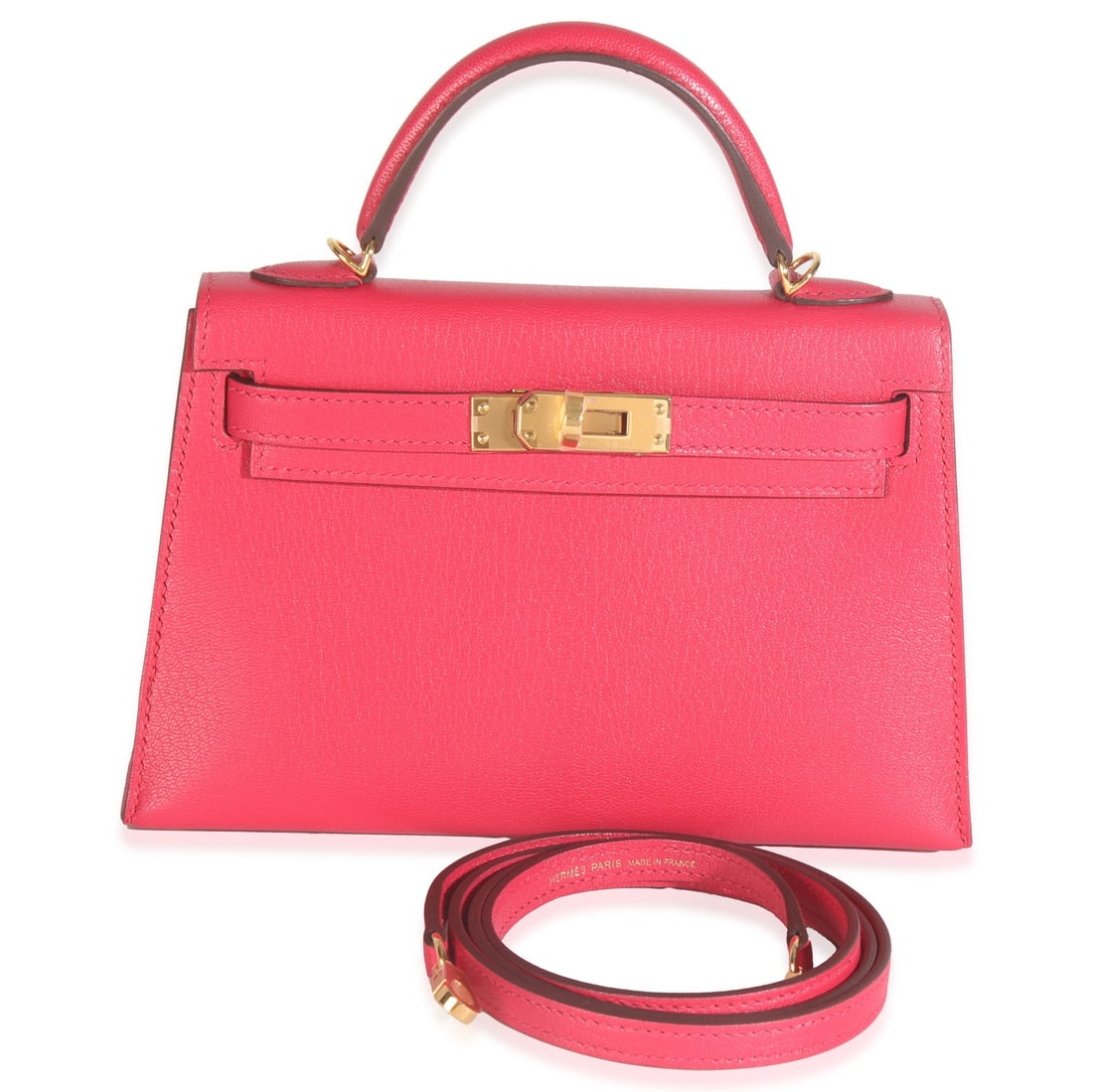 Hermes Mini Kelly II 20 Rose Extreme Chevre Sellier GHW Shoulder Bag: Hermes Mini Kelly II 20 Rose Extreme Chevre Sellier GHW Shoulder Bag Introducing the Hermes Mini Kelly II 20, a stunning shoulder bag crafted from luxurious Chevre Chamkila leather in a vibrant Rose E