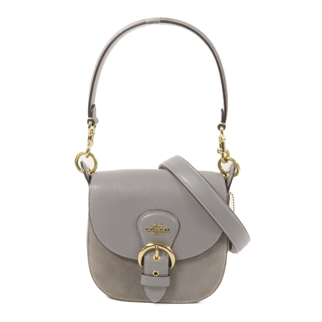 COACH 2way Shoulder Bag Calfskin Suede Leather Gray GHW: COACH 2way Shoulder Bag Calfskin Suede Leather Gray GHW This sophisticated COACH 2way Shoulder Bag is crafted from luxurious calfskin suede leather in a stylish gray hue. Designed for versatility, it