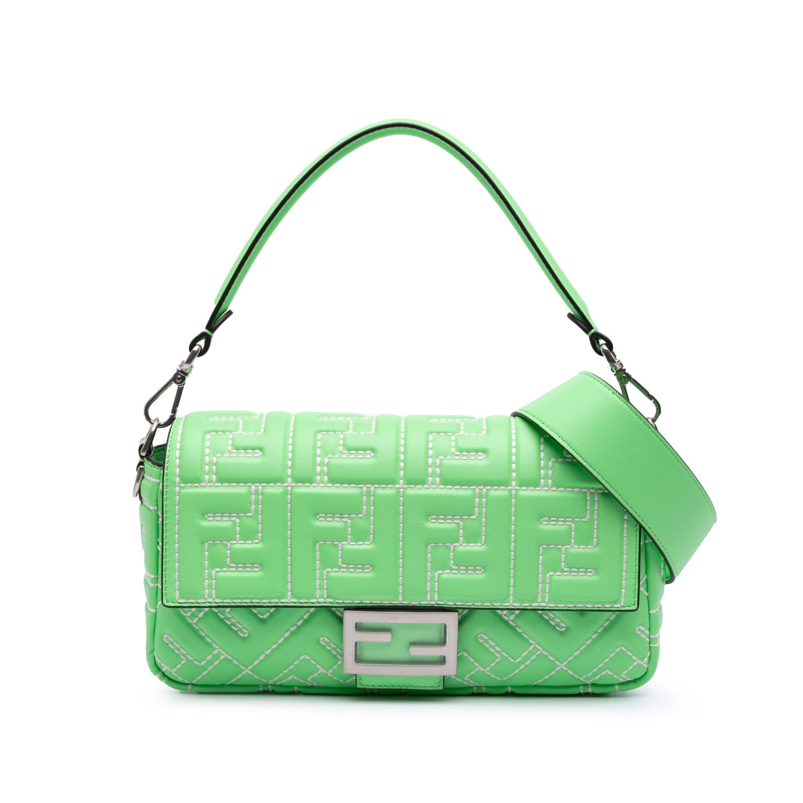 Fendi Medium Leather Green Embossed FF Baguette Satchel: Fendi Medium Leather Green Embossed FF Baguette Satchel This stylish Fendi Medium Leather Embossed FF Baguette Satchel showcases a sophisticated embossed leather body in a vibrant green hue. It featur