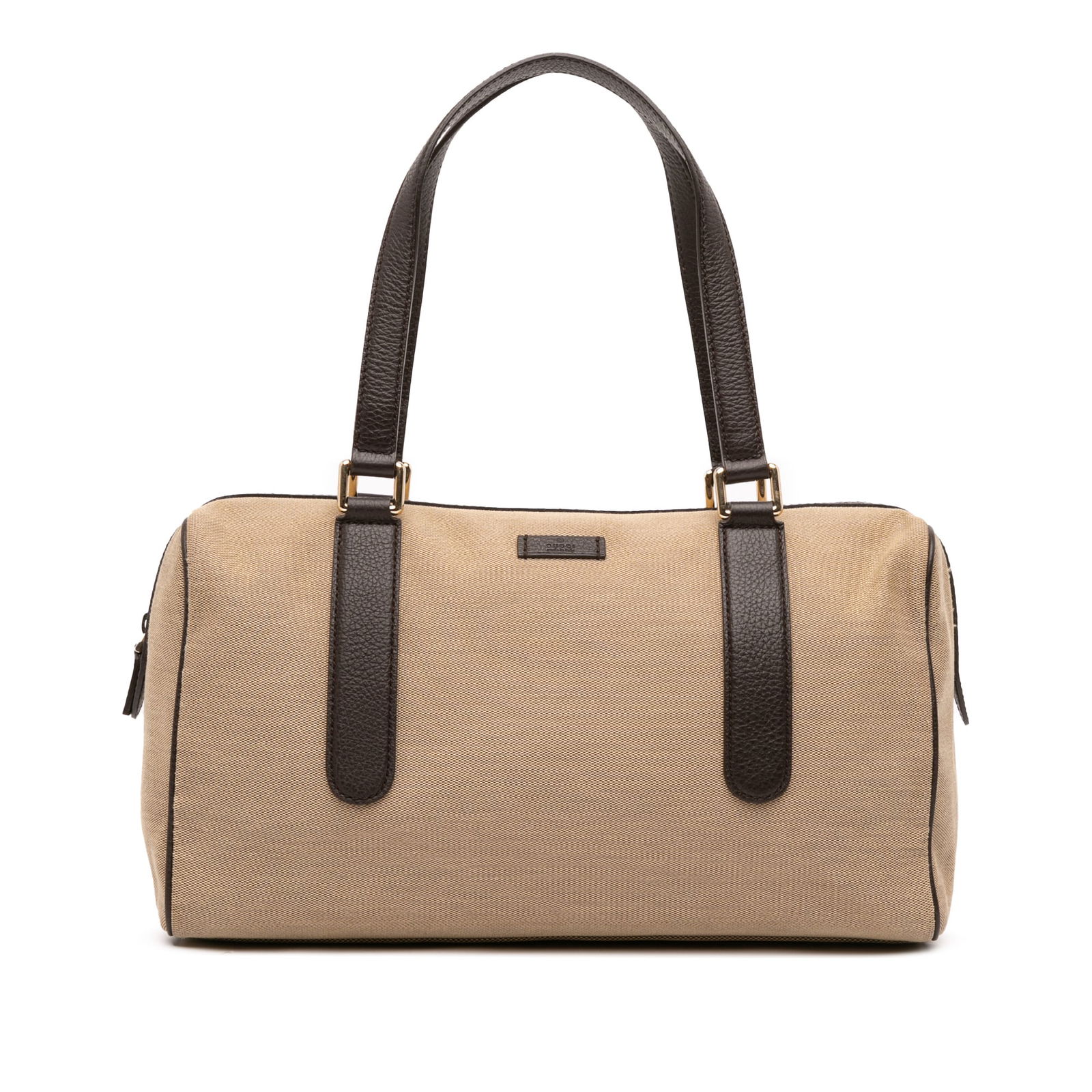 Gucci Canvas Boston Bag Brown with Leather Trim: Gucci Canvas Boston Bag Brown with Leather Trim Introducing the Gucci Canvas Boston bag, a stylish accessory crafted with a durable canvas body complemented by leather trim. This bag features flat lea