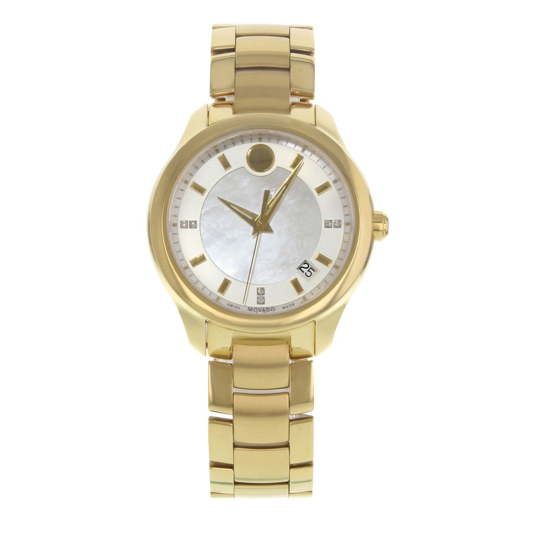 Movado Bellina Gold Tone Quartz Ladies Watch MOP Dial 0606980: Movado Bellina Gold Tone Quartz Ladies Watch MOP Dial 0606980 This elegant Movado Bellina wristwatch combines sophistication with functionality. Featuring a lustrous mother-of-pearl dial, this dress/f
