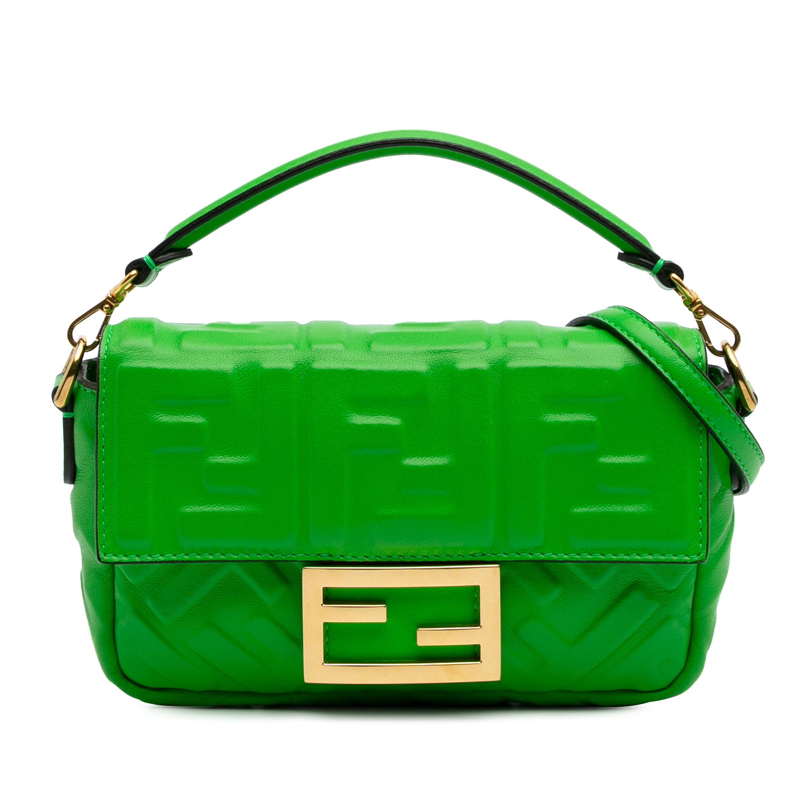 Fendi Mini Zucca Green Leather Baguette Satchel with Chain Strap: Fendi Mini Zucca Green Leather Baguette Satchel with Chain Strap The Fendi Mini Zucca Embossed Leather Baguette Satchel is a stylish accessory crafted from embossed leather in a striking green hue. Th