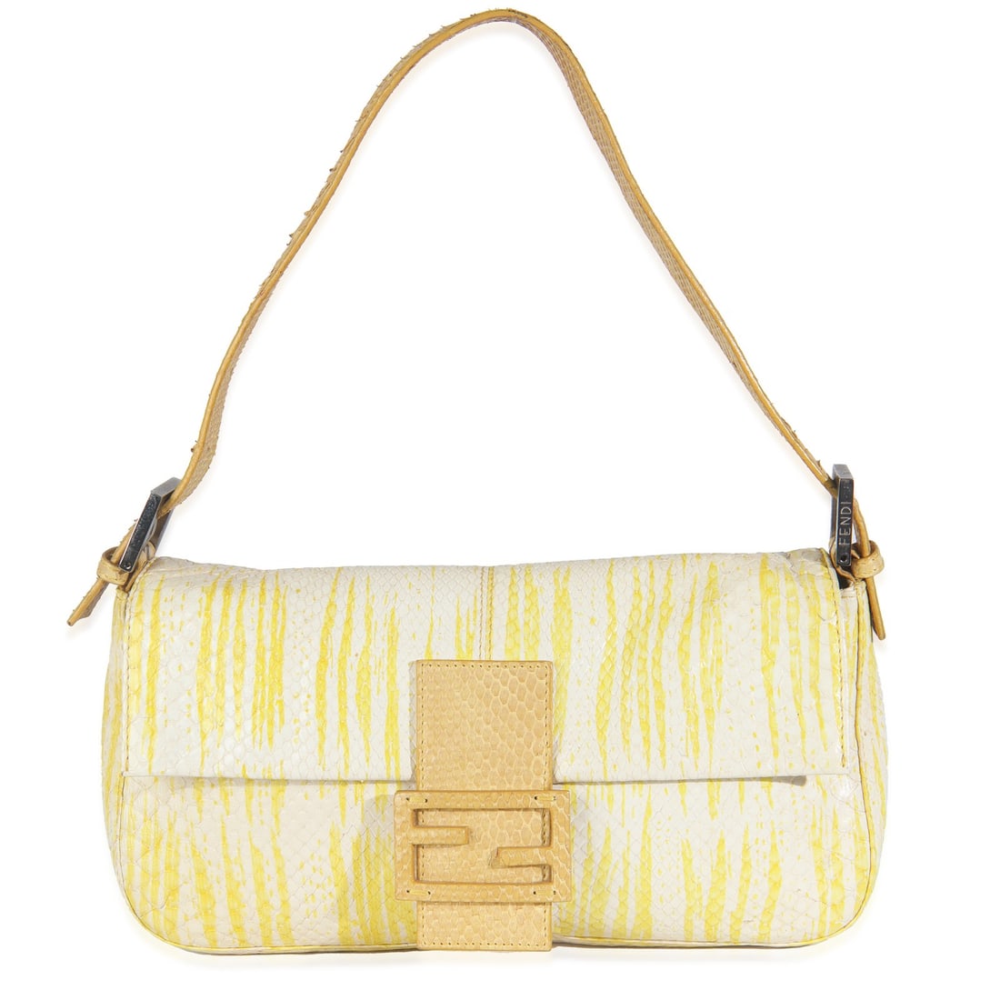 Fendi Vintage Yellow Python Baguette Shoulder Bag: Fendi Vintage Yellow Python Baguette Shoulder Bag This Fendi Vintage Baguette Bag is a stunning shoulder bag crafted in Italy. It features a luxurious yellow python exterior complemented by silver-ton