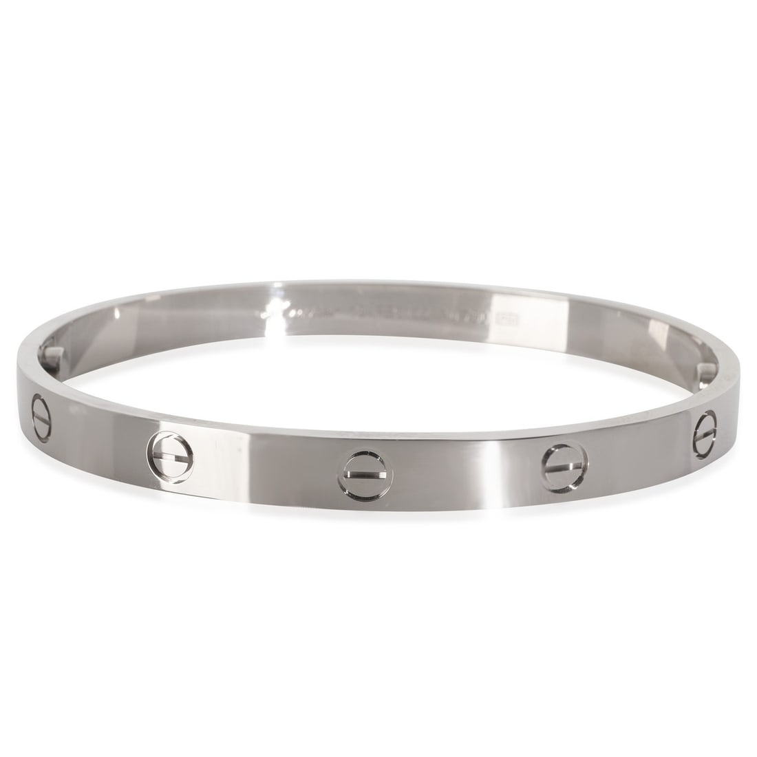 Cartier 18k White Gold Love Bracelet with Box and Pouch: Cartier 18k White Gold Love Bracelet with Box and Pouch This elegant Cartier Love Bracelet is crafted from 18k white gold, showcasing a timeless design perfect for both men and women. The bracelet fea