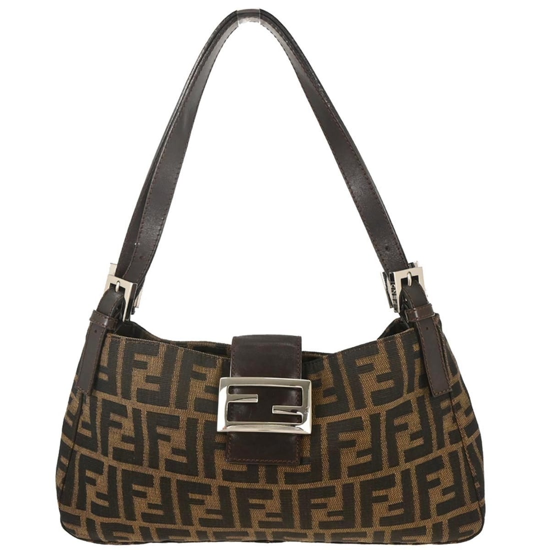 Fendi Brown Canvas Zucca Handbag with Silver Hardware: Fendi Brown Canvas Zucca Handbag with Silver Hardware This Fendi Brown Canvas Zucca Handbag is a stylish accessory perfect for casual occasions. It features a medium size with double handles for easy