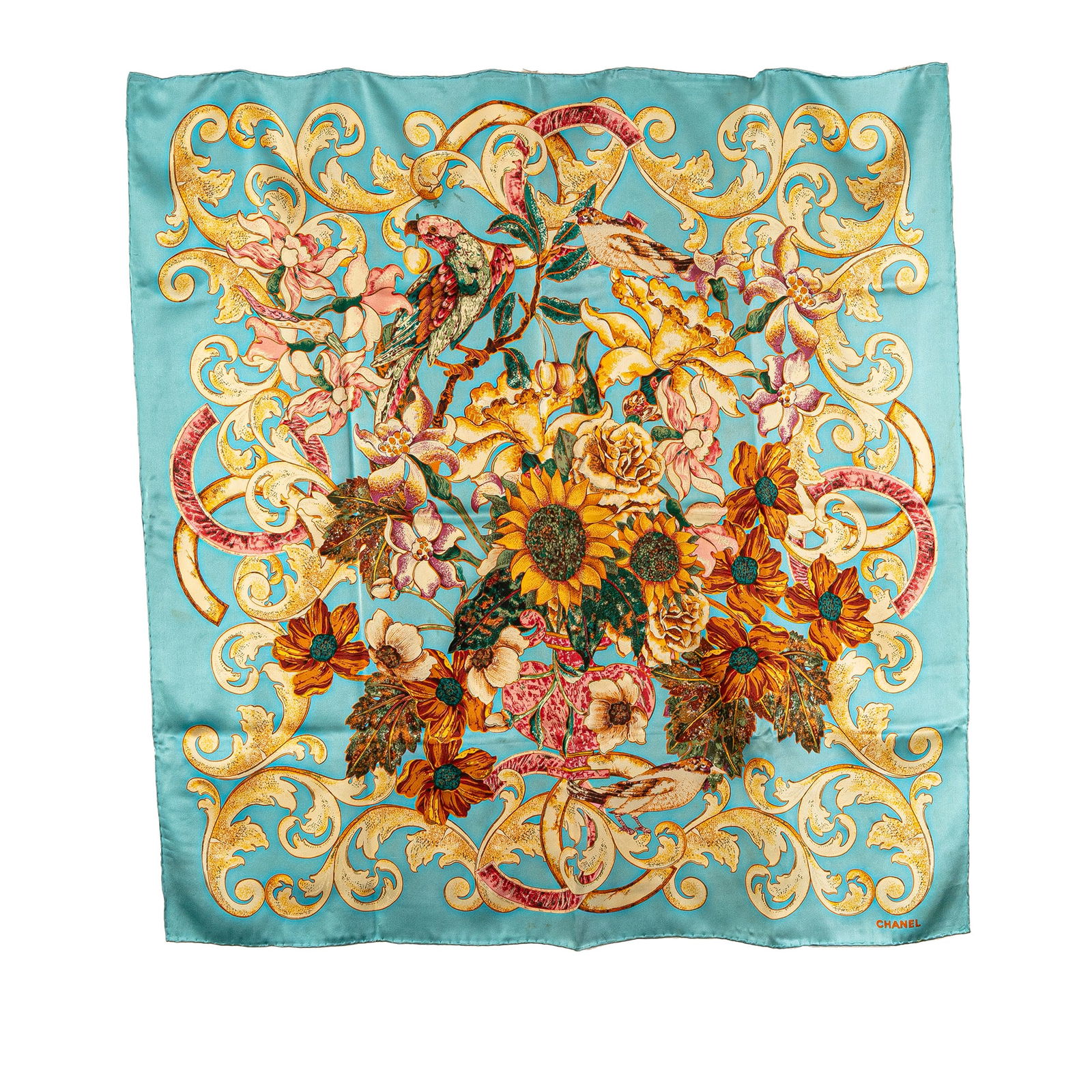 Chanel CC Floral Print 100% Silk Scarf Blue Italy (1 of 5)